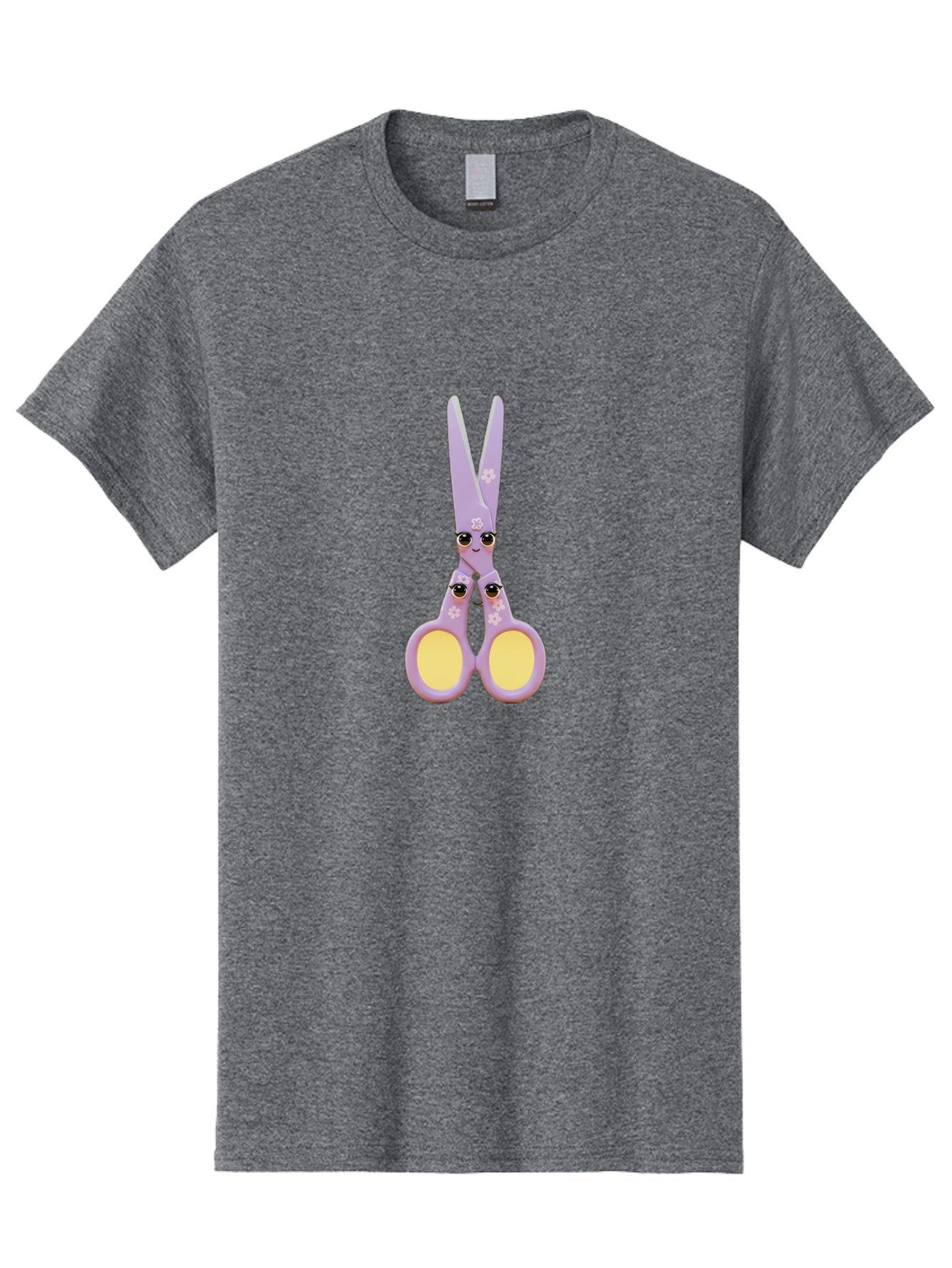 Scissors-Character-1 Men'S Graphic Tee, 100% Cotton, Comfortable Casual Summer Wear, Machine Washable, Cartoon Scissors, Cute, Kawaii, Pastel Purple, Yellow Finger Holes, White Flowers, Cute Faces, Googly Eyes Bad520