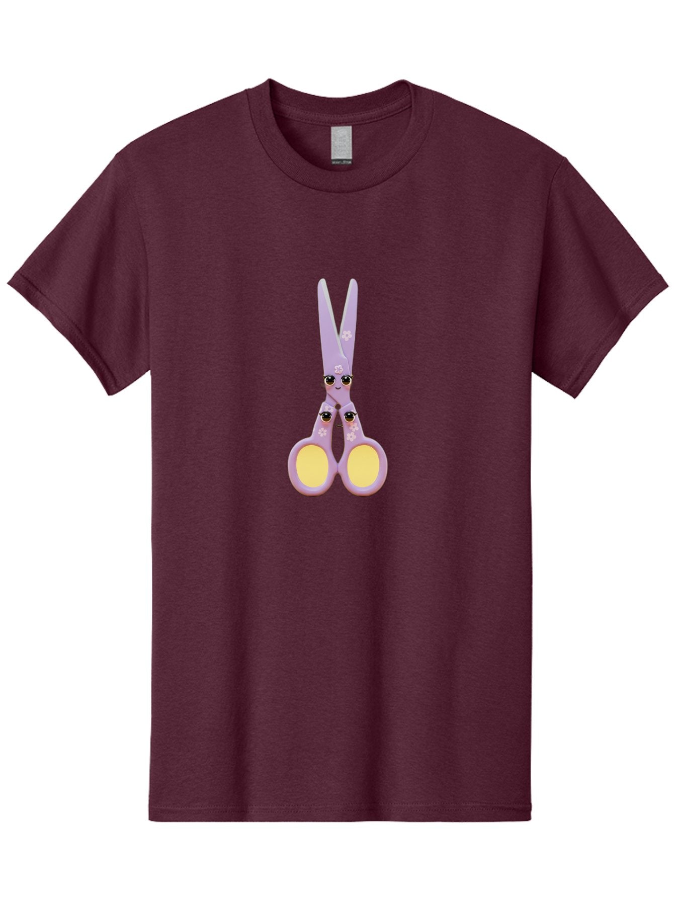Scissors-Character-1 Men'S Graphic Tee, 100% Cotton, Comfortable Casual Summer Wear, Machine Washable, Cartoon Scissors, Cute, Kawaii, Pastel Purple, Yellow Finger Holes, White Flowers, Cute Faces, Googly Eyes Bad520 6