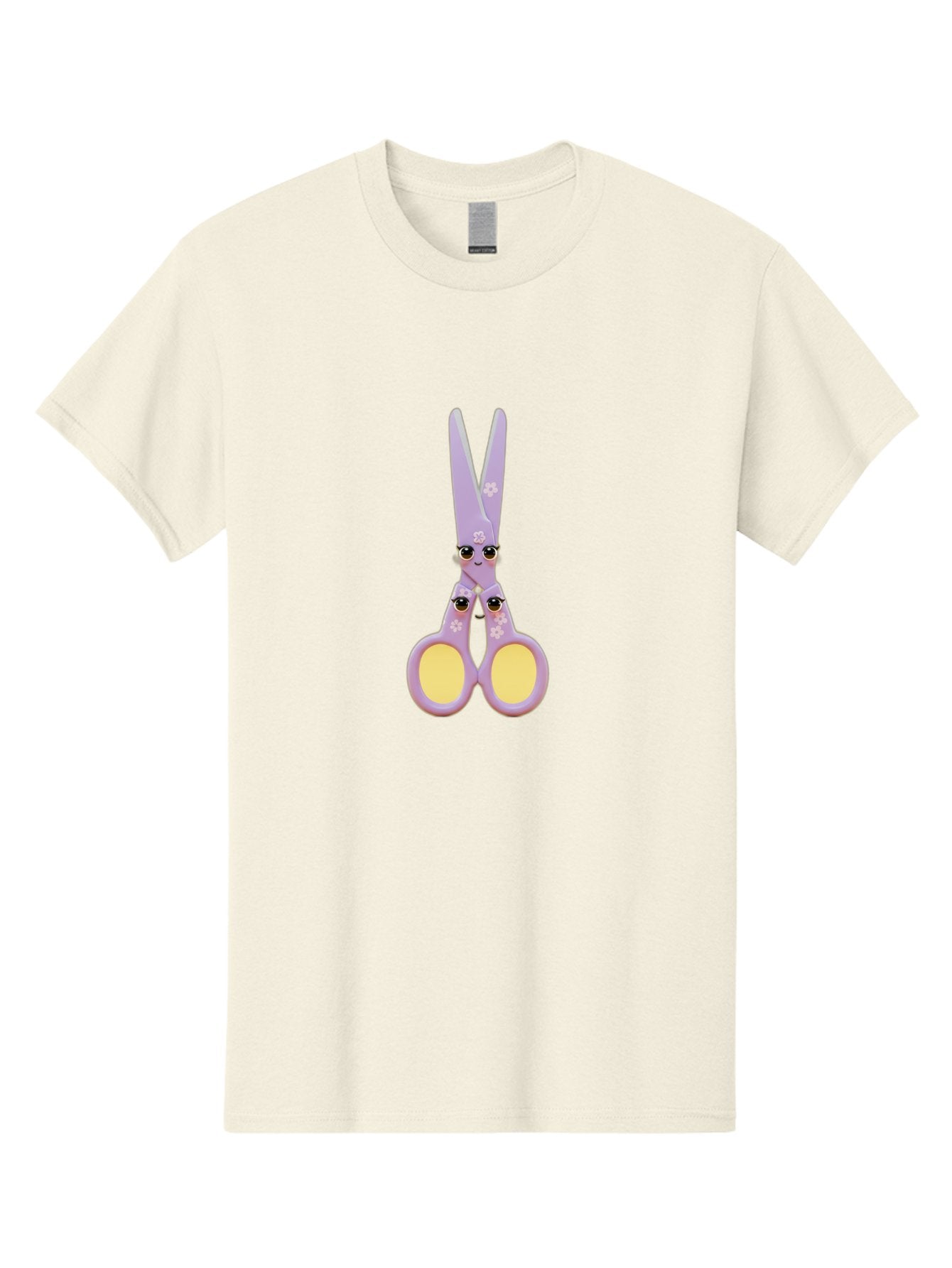 Scissors-Character-1 Men'S Graphic Tee, 100% Cotton, Comfortable Casual Summer Wear, Machine Washable, Cartoon Scissors, Cute, Kawaii, Pastel Purple, Yellow Finger Holes, White Flowers, Cute Faces, Googly Eyes Bad520 4