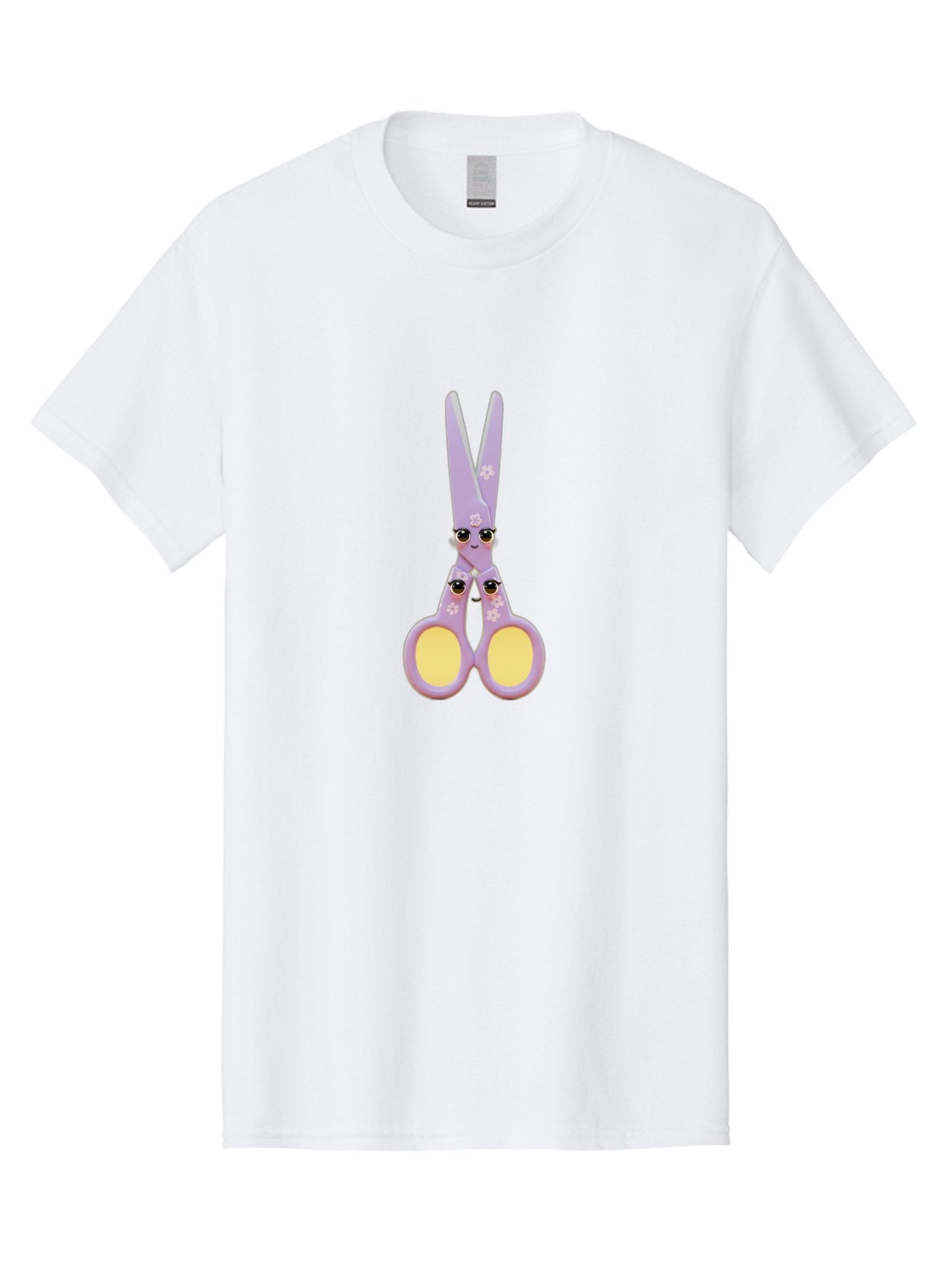 Scissors-Character-1 Men'S Graphic Tee, 100% Cotton, Comfortable Casual Summer Wear, Machine Washable, Cartoon Scissors, Cute, Kawaii, Pastel Purple, Yellow Finger Holes, White Flowers, Cute Faces, Googly Eyes Bad520 14