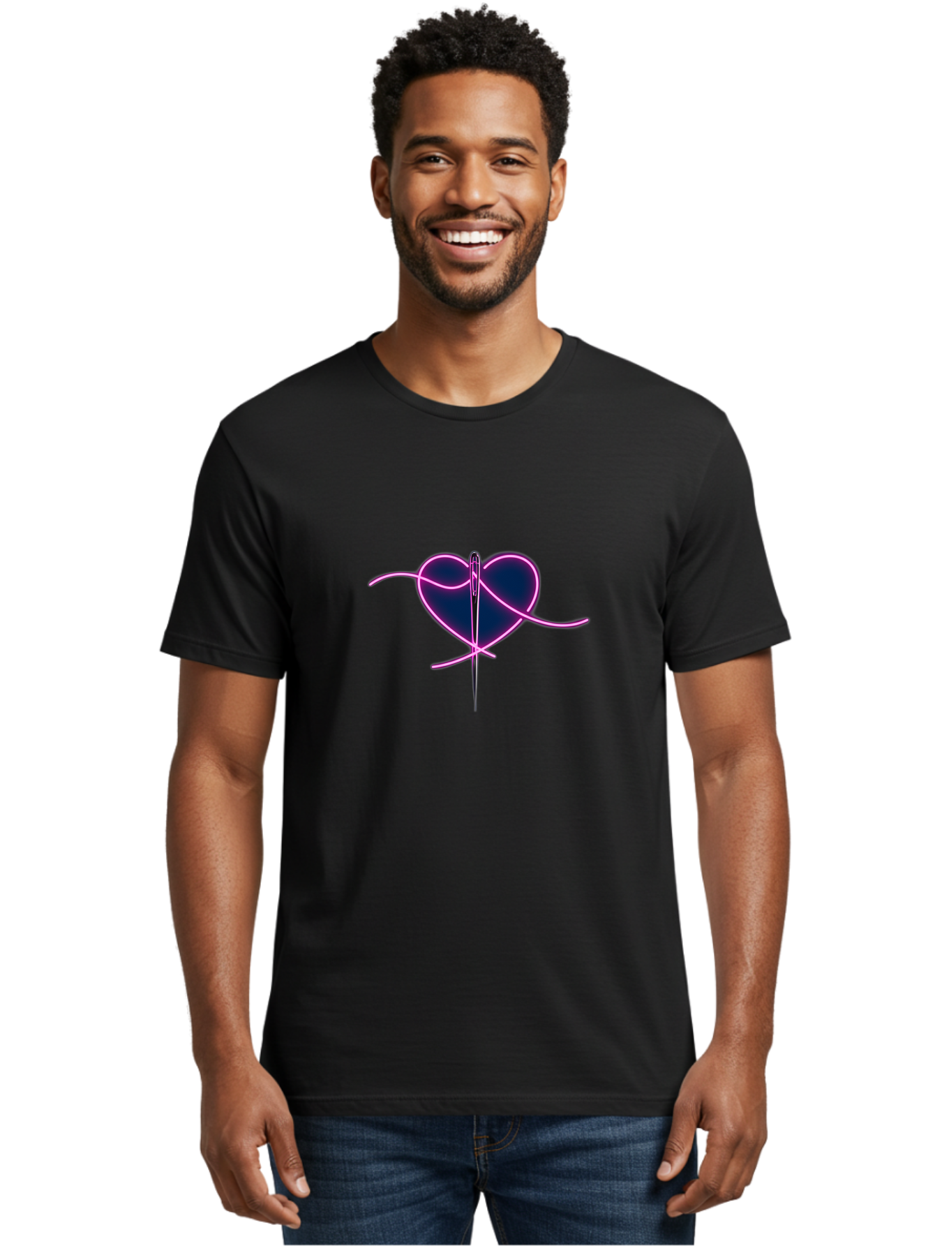Sewing-Heart-1 Men'S Graphic Tee, 100% Cotton, Comfortable Casual Summer Wear, Machine Washable, Heart Shape, Sewing Needle, Thread, Pink Outline, Dark Blue Heart, Mending Heart, Love Repair, Heart Stitch, Symbolism, Heart Repair, Love Symbol Bad529 26