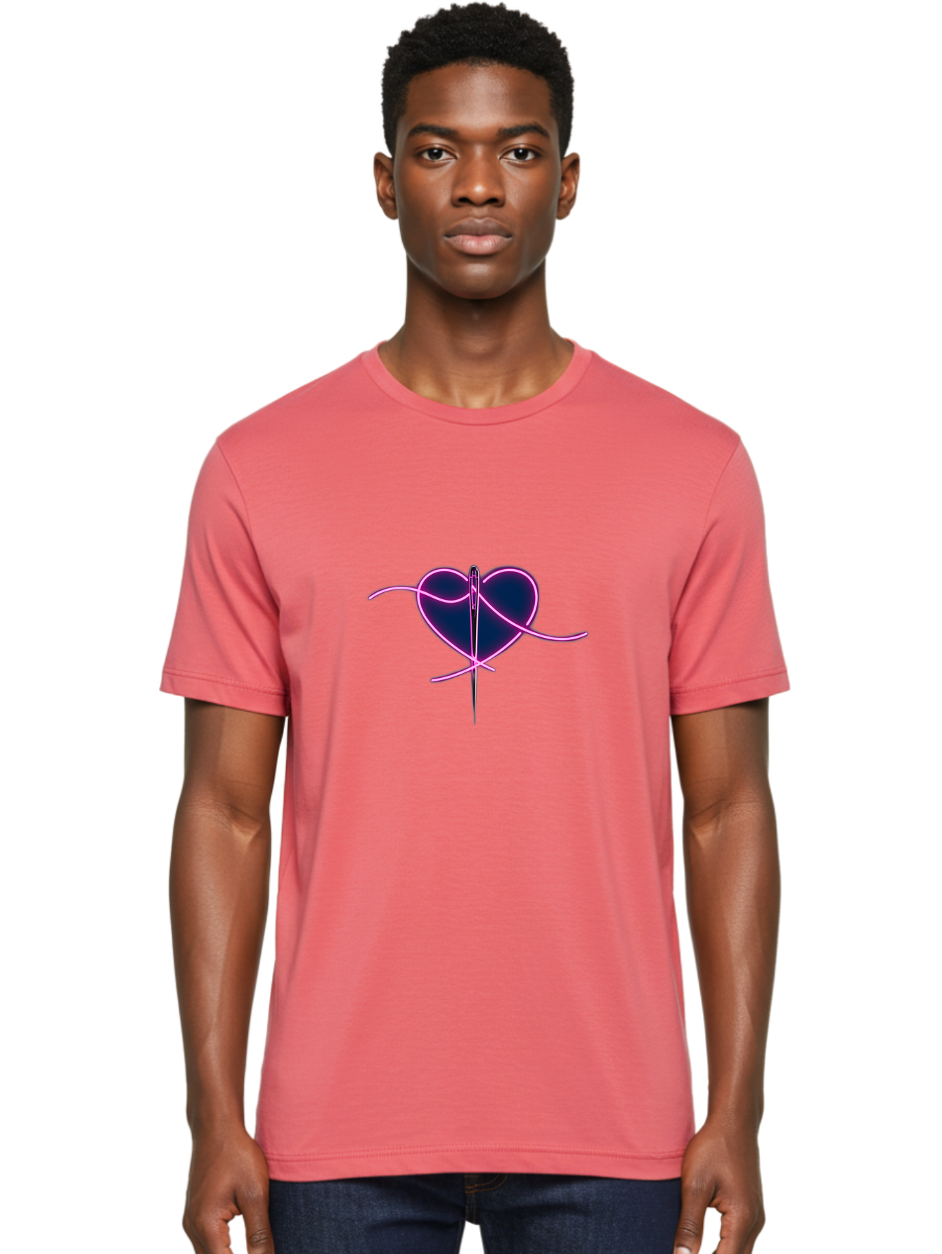 Sewing-Heart-1 Men'S Graphic Tee, 100% Cotton, Comfortable Casual Summer Wear, Machine Washable, Heart Shape, Sewing Needle, Thread, Pink Outline, Dark Blue Heart, Mending Heart, Love Repair, Heart Stitch, Symbolism, Heart Repair, Love Symbol Bad529 22