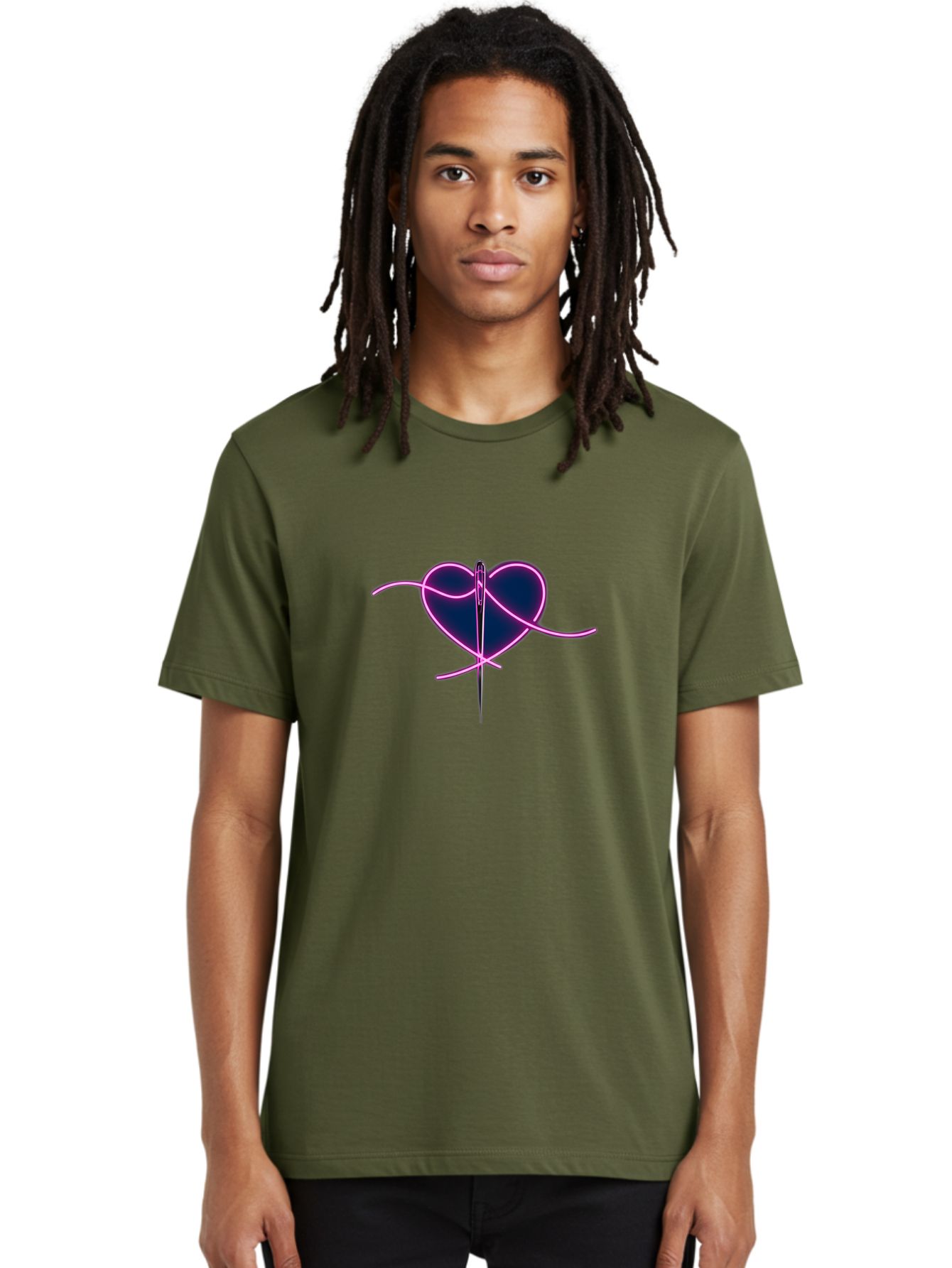 Sewing-Heart-1 Men'S Graphic Tee, 100% Cotton, Comfortable Casual Summer Wear, Machine Washable, Heart Shape, Sewing Needle, Thread, Pink Outline, Dark Blue Heart, Mending Heart, Love Repair, Heart Stitch, Symbolism, Heart Repair, Love Symbol Bad529 18