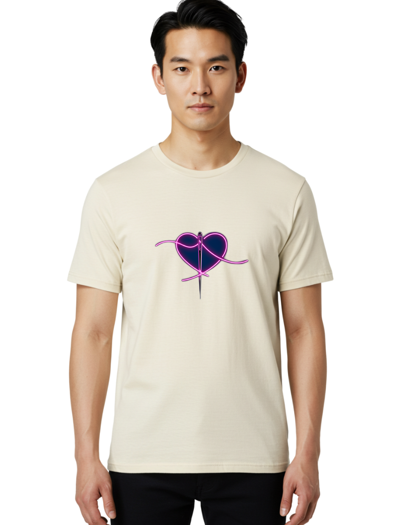 Sewing-Heart-1 Men'S Graphic Tee, 100% Cotton, Comfortable Casual Summer Wear, Machine Washable, Heart Shape, Sewing Needle, Thread, Pink Outline, Dark Blue Heart, Mending Heart, Love Repair, Heart Stitch, Symbolism, Heart Repair, Love Symbol Bad529 29
