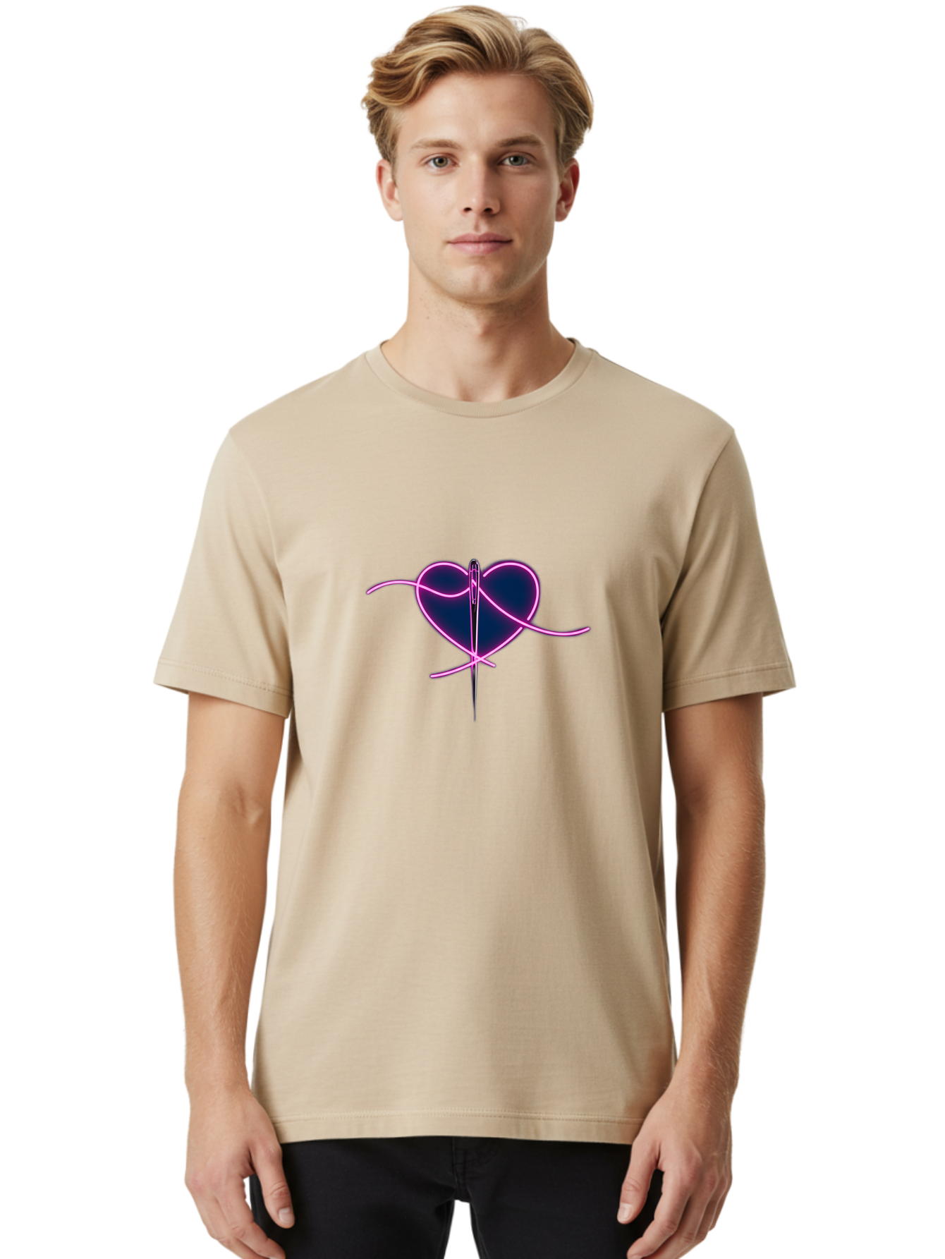 Sewing-Heart-1 Men'S Graphic Tee, 100% Cotton, Comfortable Casual Summer Wear, Machine Washable, Heart Shape, Sewing Needle, Thread, Pink Outline, Dark Blue Heart, Mending Heart, Love Repair, Heart Stitch, Symbolism, Heart Repair, Love Symbol Bad529 19