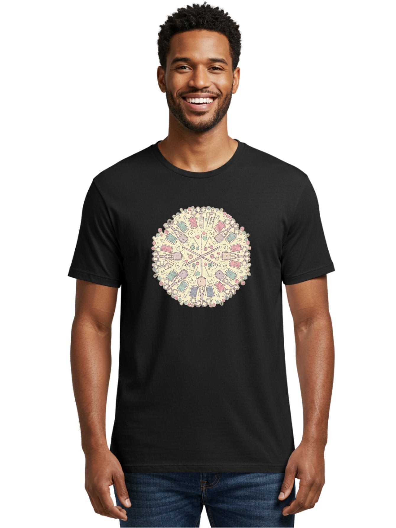 Sewing-Mandala Men'S Graphic Tee, 100% Cotton, Comfortable Casual Summer Wear, Machine Washable, Sewing Tools, Mandala Pattern, Pastel Colors, Scissors, Buttons, Threads, Sewing Accessories, Craft Supplies, Needlework, Handmade, Diy, Bad532 30