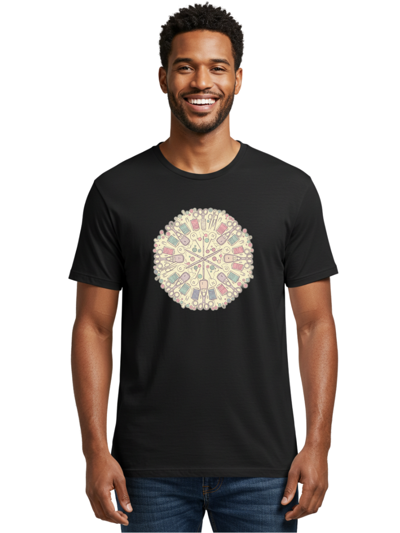 Sewing-Mandala Men'S Graphic Tee, 100% Cotton, Comfortable Casual Summer Wear, Machine Washable, Sewing Tools, Mandala Pattern, Pastel Colors, Scissors, Buttons, Threads, Sewing Accessories, Craft Supplies, Needlework, Handmade, Diy, Bad532 16