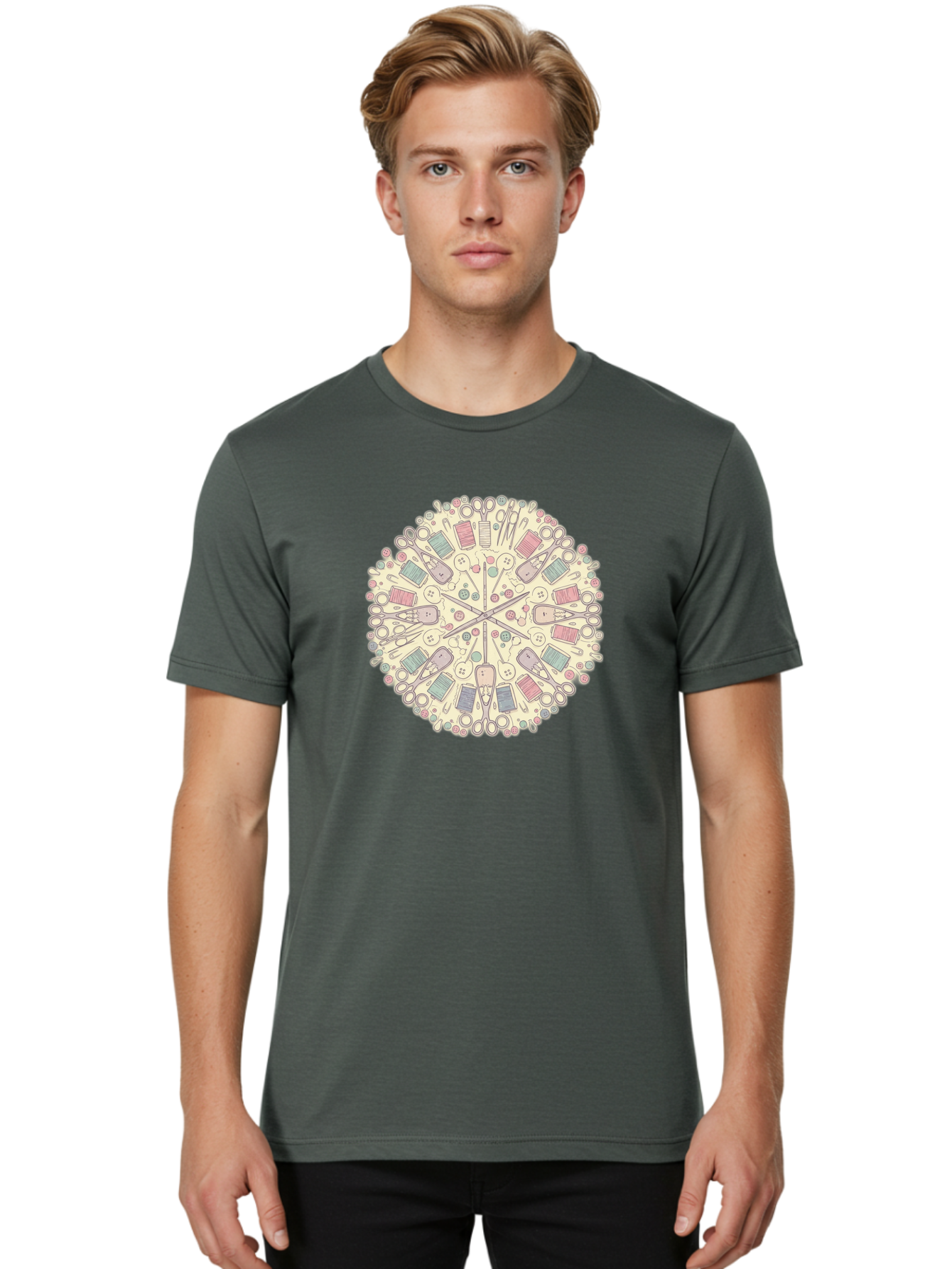 Sewing-Mandala Men'S Graphic Tee, 100% Cotton, Comfortable Casual Summer Wear, Machine Washable, Sewing Tools, Mandala Pattern, Pastel Colors, Scissors, Buttons, Threads, Sewing Accessories, Craft Supplies, Needlework, Handmade, Diy, Bad532 30