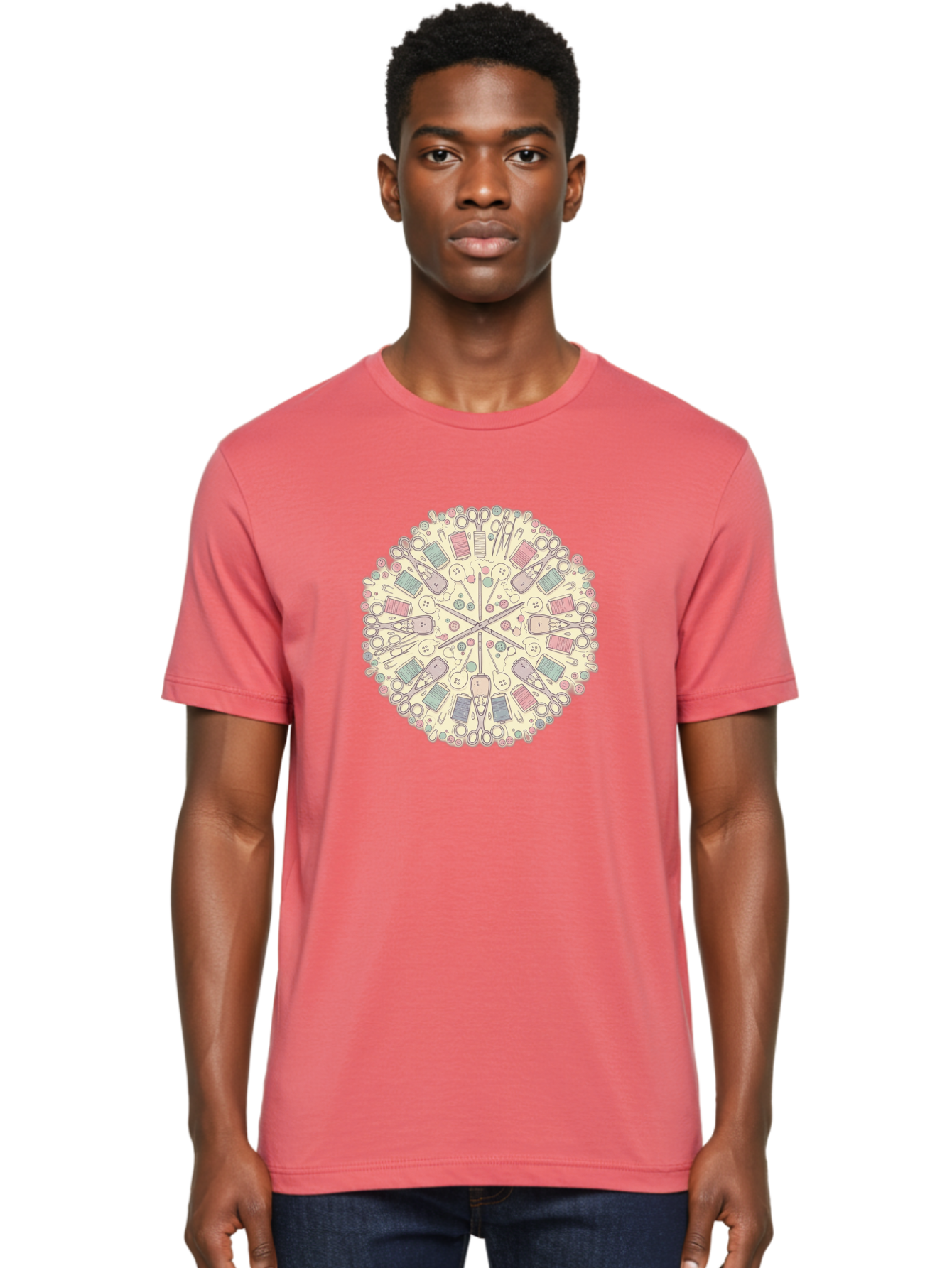 Sewing-Mandala Men'S Graphic Tee, 100% Cotton, Comfortable Casual Summer Wear, Machine Washable, Sewing Tools, Mandala Pattern, Pastel Colors, Scissors, Buttons, Threads, Sewing Accessories, Craft Supplies, Needlework, Handmade, Diy, Bad532 17