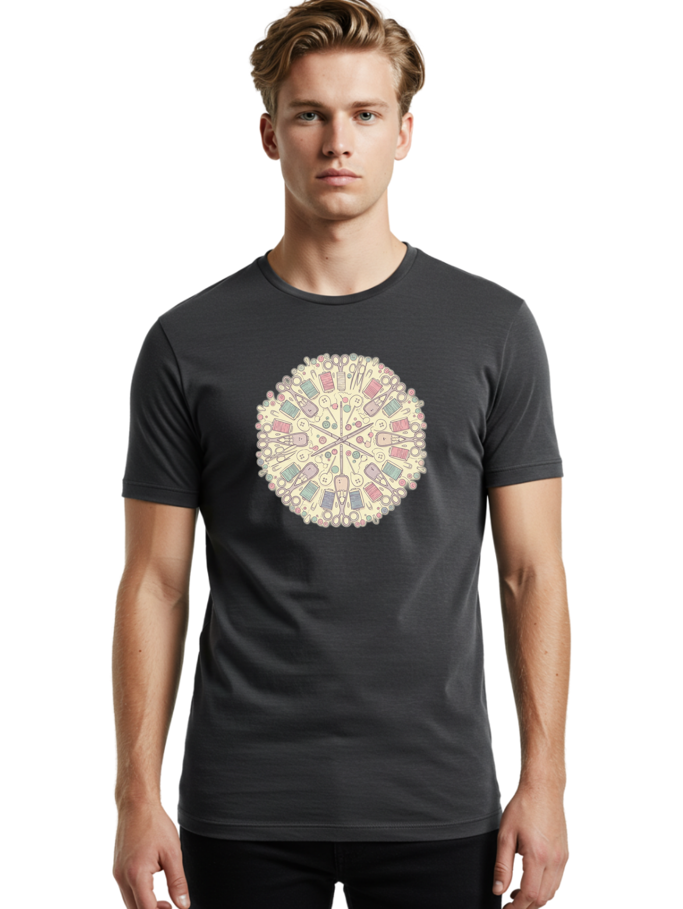 Sewing-Mandala Men'S Graphic Tee, 100% Cotton, Comfortable Casual Summer Wear, Machine Washable, Sewing Tools, Mandala Pattern, Pastel Colors, Scissors, Buttons, Threads, Sewing Accessories, Craft Supplies, Needlework, Handmade, Diy, Bad532 21