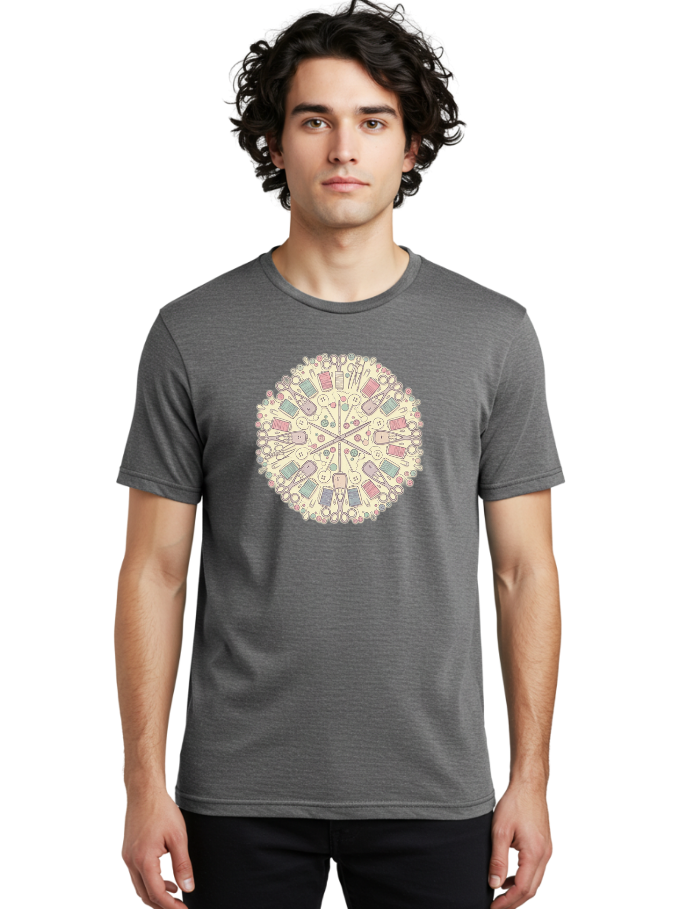Sewing-Mandala Men'S Graphic Tee, 100% Cotton, Comfortable Casual Summer Wear, Machine Washable, Sewing Tools, Mandala Pattern, Pastel Colors, Scissors, Buttons, Threads, Sewing Accessories, Craft Supplies, Needlework, Handmade, Diy, Bad532 19