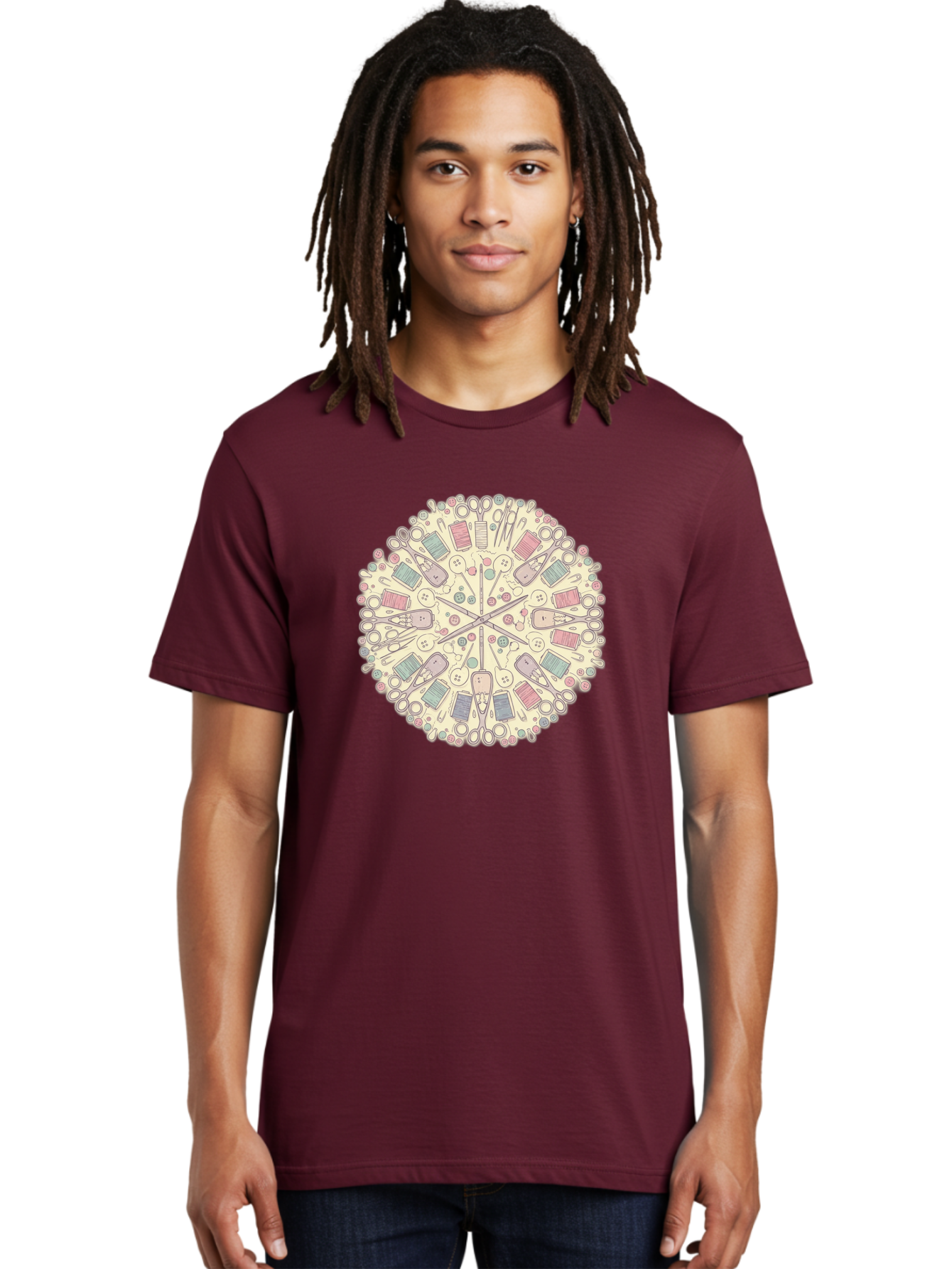 Sewing-Mandala Men'S Graphic Tee, 100% Cotton, Comfortable Casual Summer Wear, Machine Washable, Sewing Tools, Mandala Pattern, Pastel Colors, Scissors, Buttons, Threads, Sewing Accessories, Craft Supplies, Needlework, Handmade, Diy, Bad532 22
