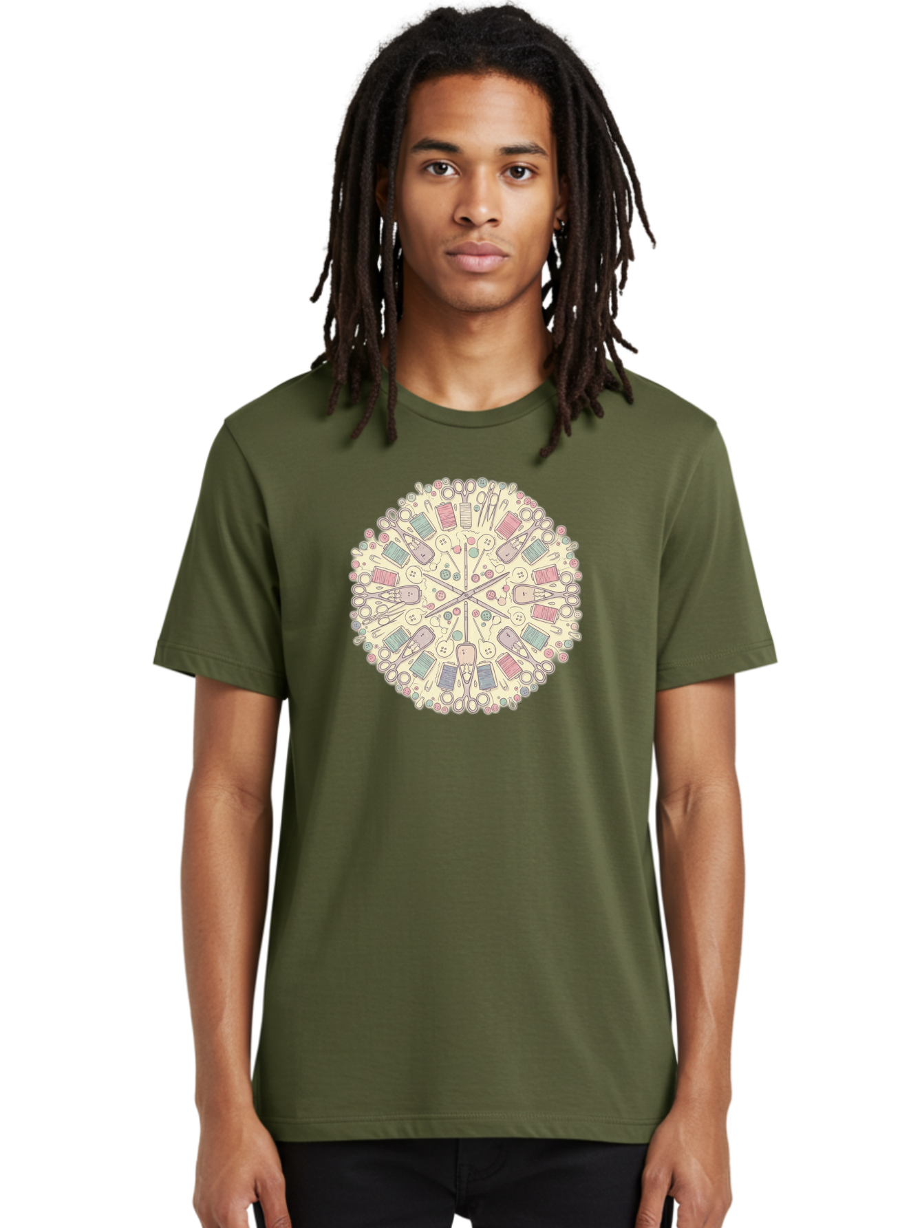 Sewing-Mandala Men'S Graphic Tee, 100% Cotton, Comfortable Casual Summer Wear, Machine Washable, Sewing Tools, Mandala Pattern, Pastel Colors, Scissors, Buttons, Threads, Sewing Accessories, Craft Supplies, Needlework, Handmade, Diy, Bad532 23