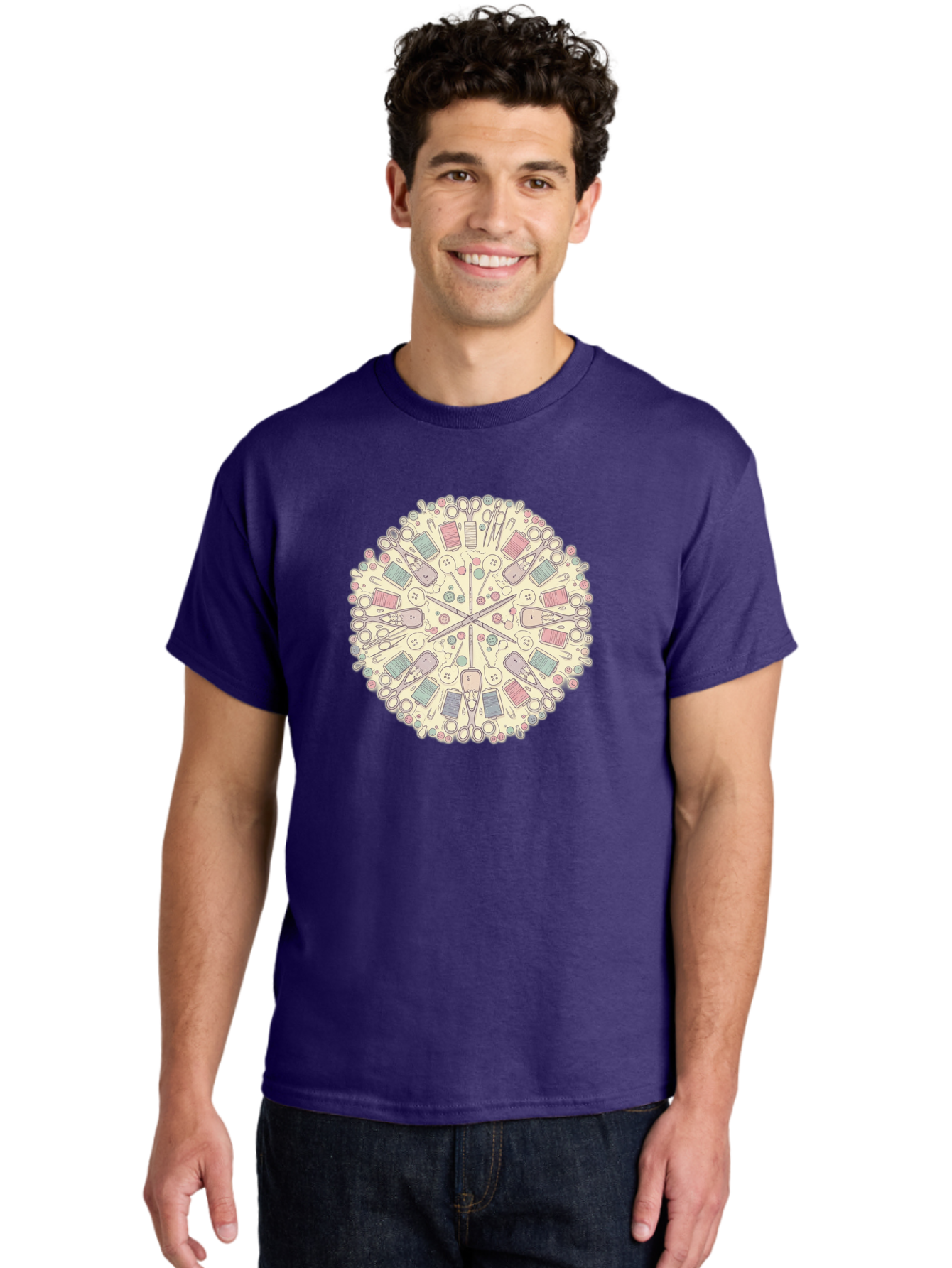 Sewing-Mandala Men'S Graphic Tee, 100% Cotton, Comfortable Casual Summer Wear, Machine Washable, Sewing Tools, Mandala Pattern, Pastel Colors, Scissors, Buttons, Threads, Sewing Accessories, Craft Supplies, Needlework, Handmade, Diy, Bad532 18