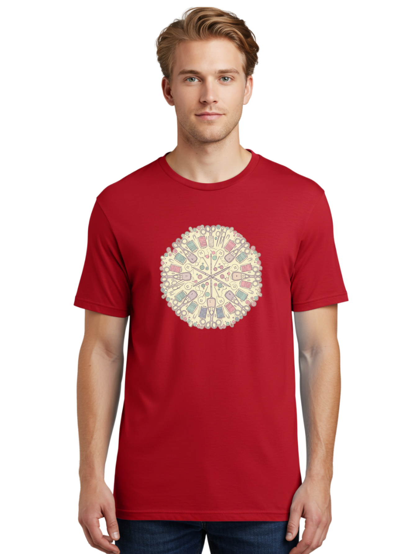 Sewing-Mandala Men'S Graphic Tee, 100% Cotton, Comfortable Casual Summer Wear, Machine Washable, Sewing Tools, Mandala Pattern, Pastel Colors, Scissors, Buttons, Threads, Sewing Accessories, Craft Supplies, Needlework, Handmade, Diy, Bad532 24