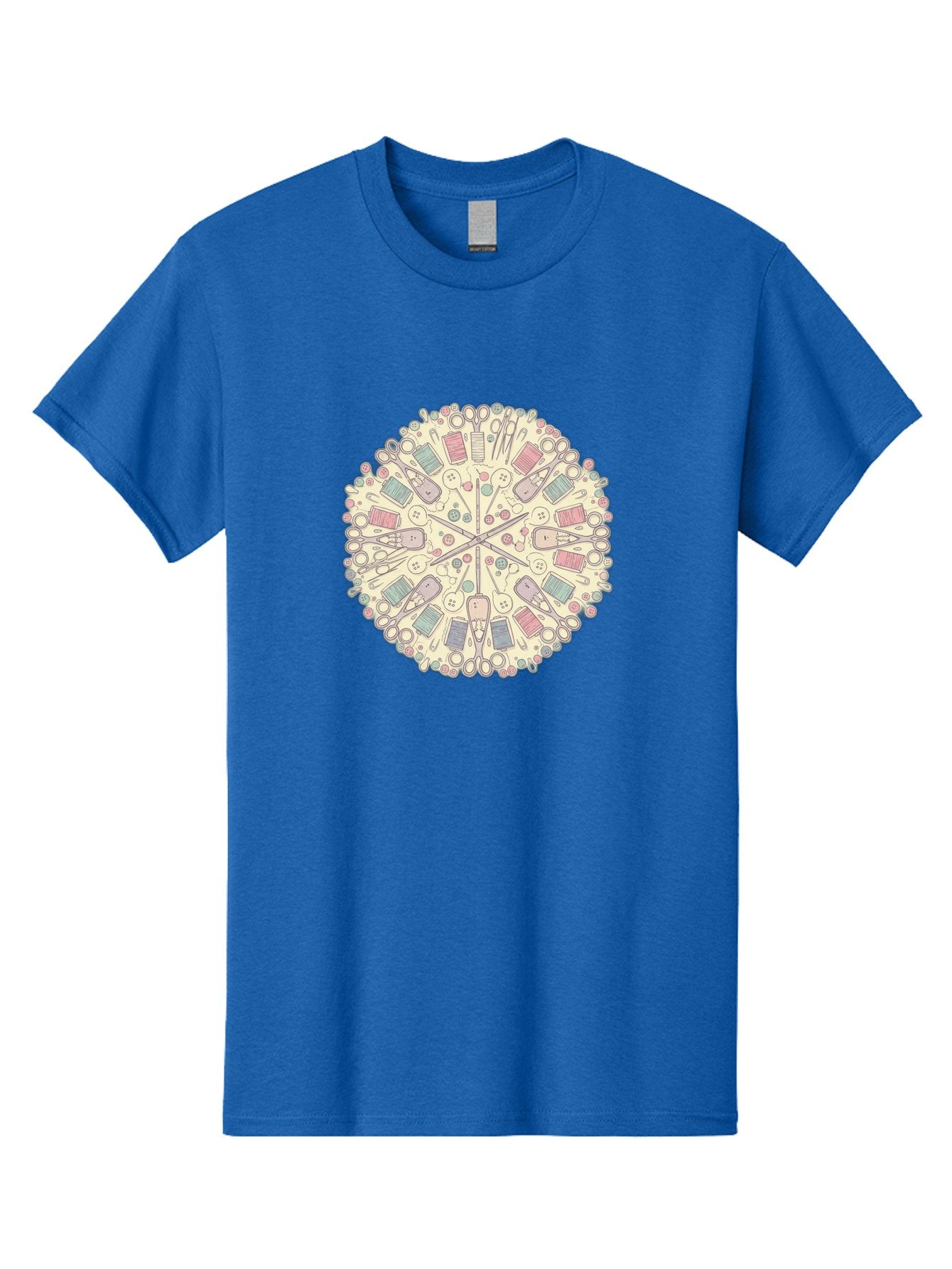 Sewing-Mandala Men'S Graphic Tee, 100% Cotton, Comfortable Casual Summer Wear, Machine Washable, Sewing Tools, Mandala Pattern, Pastel Colors, Scissors, Buttons, Threads, Sewing Accessories, Craft Supplies, Needlework, Handmade, Diy, Bad532