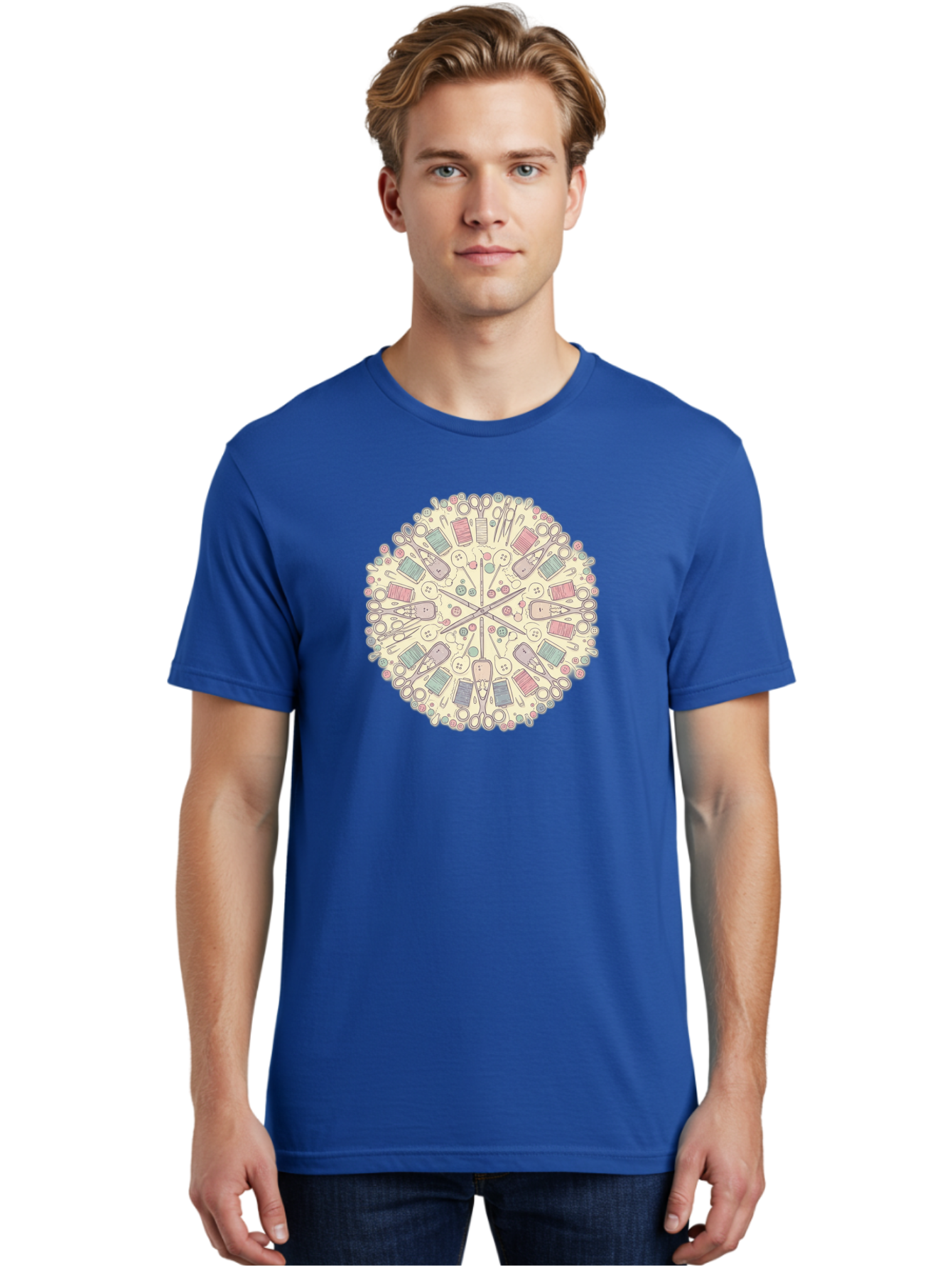 Sewing-Mandala Men'S Graphic Tee, 100% Cotton, Comfortable Casual Summer Wear, Machine Washable, Sewing Tools, Mandala Pattern, Pastel Colors, Scissors, Buttons, Threads, Sewing Accessories, Craft Supplies, Needlework, Handmade, Diy, Bad532 25