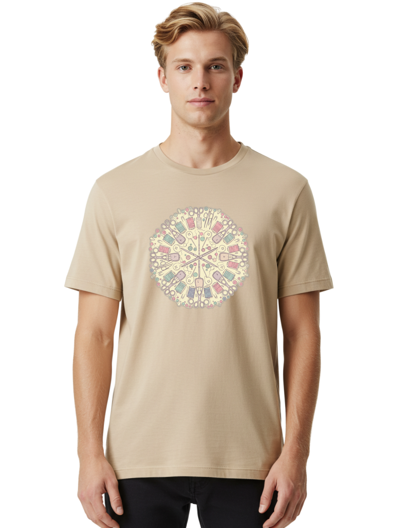 Sewing-Mandala Men'S Graphic Tee, 100% Cotton, Comfortable Casual Summer Wear, Machine Washable, Sewing Tools, Mandala Pattern, Pastel Colors, Scissors, Buttons, Threads, Sewing Accessories, Craft Supplies, Needlework, Handmade, Diy, Bad532 27