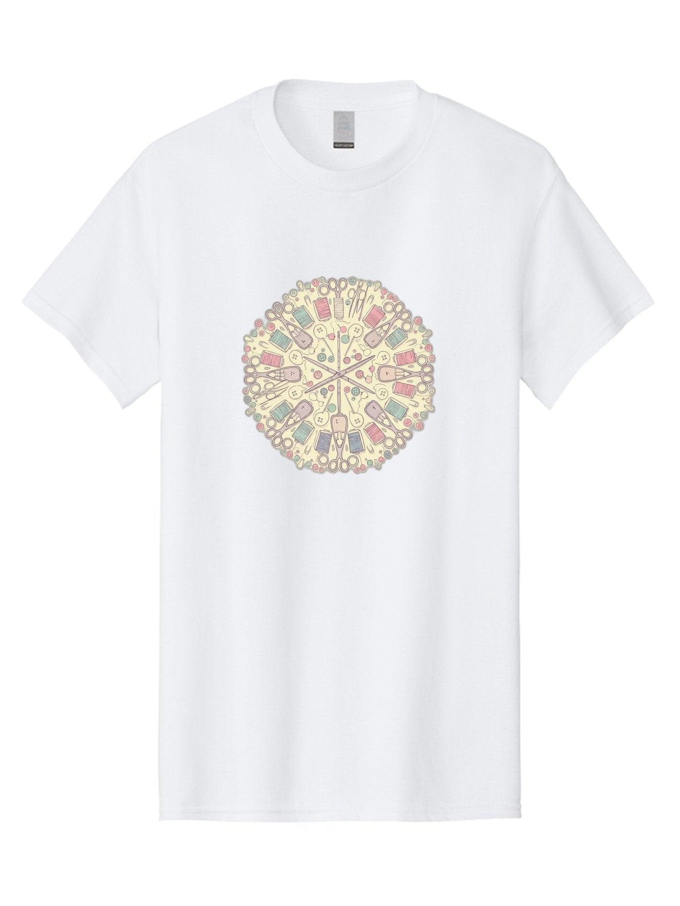 Sewing-Mandala Men'S Graphic Tee, 100% Cotton, Comfortable Casual Summer Wear, Machine Washable, Sewing Tools, Mandala Pattern, Pastel Colors, Scissors, Buttons, Threads, Sewing Accessories, Craft Supplies, Needlework, Handmade, Diy, Bad532