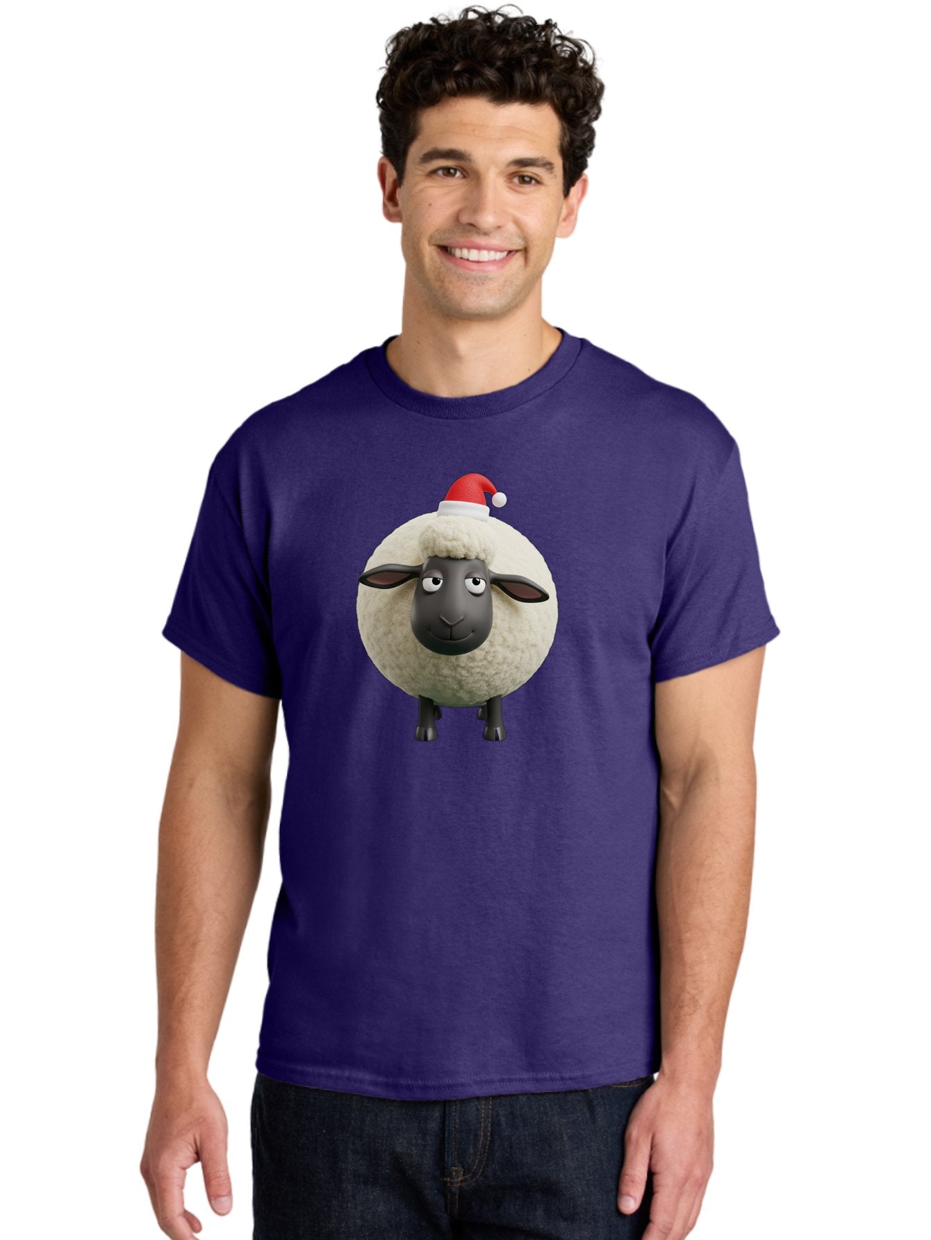 Shaun-The-Sheep-Christmas Men'S Graphic Tee, 100% Cotton, Comfortable Casual Summer Wear, Machine Washable, Cartoon Sheep, Shaun The Sheep, Fluffy White Sheep, Christmas Hat, Red And White Santa Hat, Funny Character, 3D Animation, Bad538 25