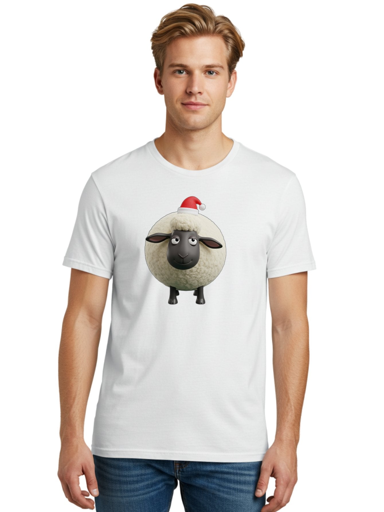 Shaun-The-Sheep-Christmas Men'S Graphic Tee, 100% Cotton, Comfortable Casual Summer Wear, Machine Washable, Cartoon Sheep, Shaun The Sheep, Fluffy White Sheep, Christmas Hat, Red And White Santa Hat, Funny Character, 3D Animation, Bad538 21