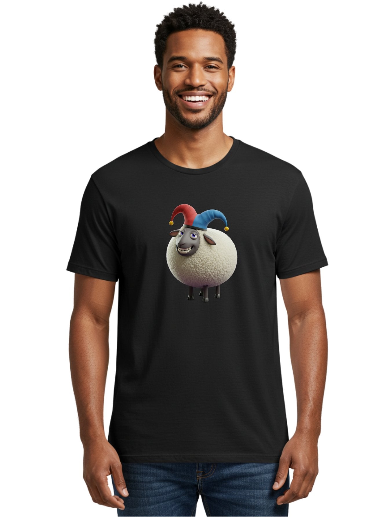 Shaun-The-Sheep-Jester-Hat Men'S Graphic Tee, 100% Cotton, Comfortable Casual Summer Wear, Machine Washable, Cartoon Sheep, Funny Character, Jester Hat, Red And Blue Hat, Animated Animal, Sheep Character, Humorous Illustration, Playful Design Bad539 28