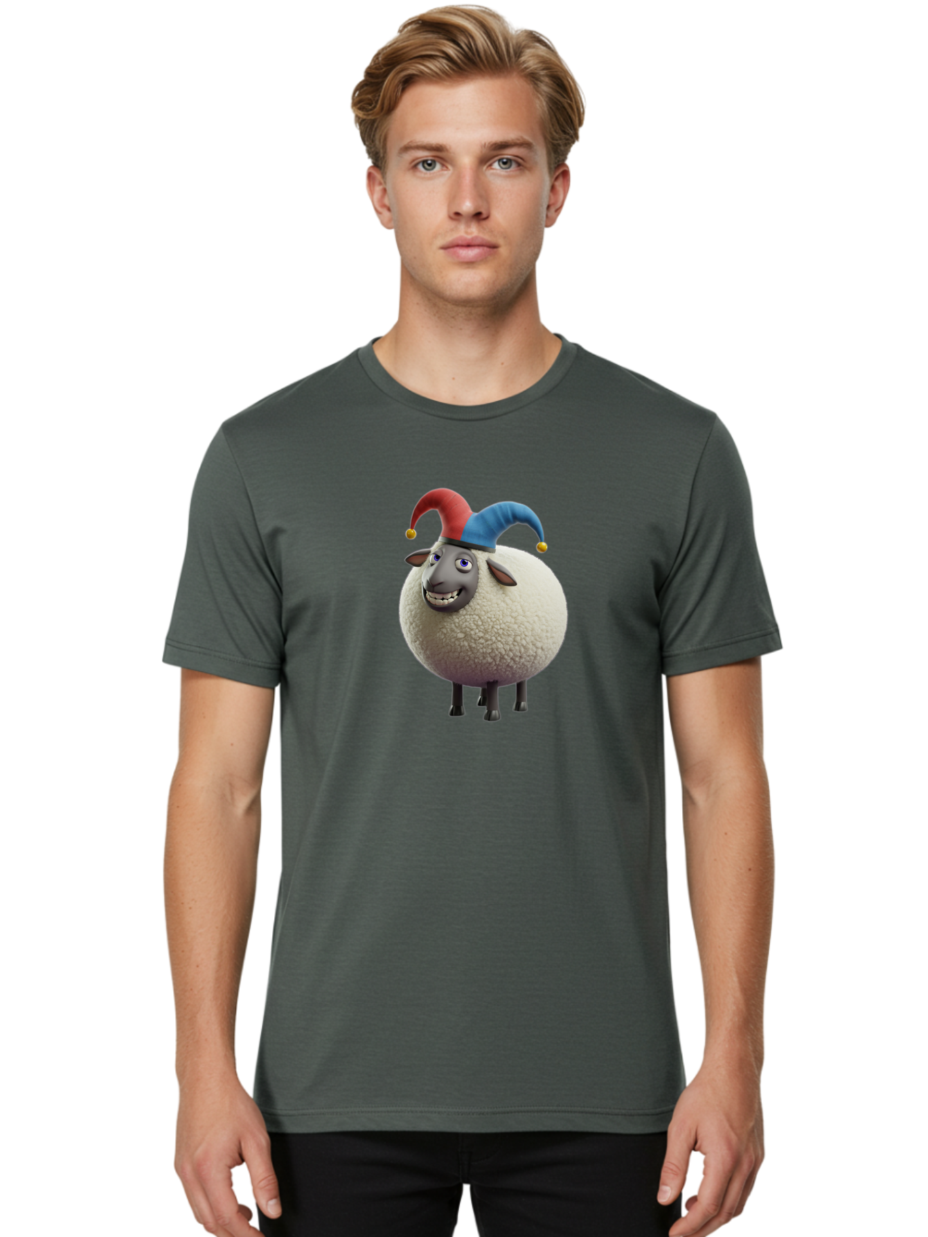 Shaun-The-Sheep-Jester-Hat Men'S Graphic Tee, 100% Cotton, Comfortable Casual Summer Wear, Machine Washable, Cartoon Sheep, Funny Character, Jester Hat, Red And Blue Hat, Animated Animal, Sheep Character, Humorous Illustration, Playful Design Bad539 16