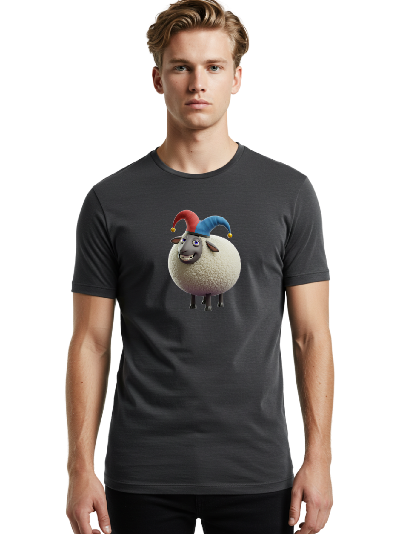 Shaun-The-Sheep-Jester-Hat Men'S Graphic Tee, 100% Cotton, Comfortable Casual Summer Wear, Machine Washable, Cartoon Sheep, Funny Character, Jester Hat, Red And Blue Hat, Animated Animal, Sheep Character, Humorous Illustration, Playful Design Bad539 27