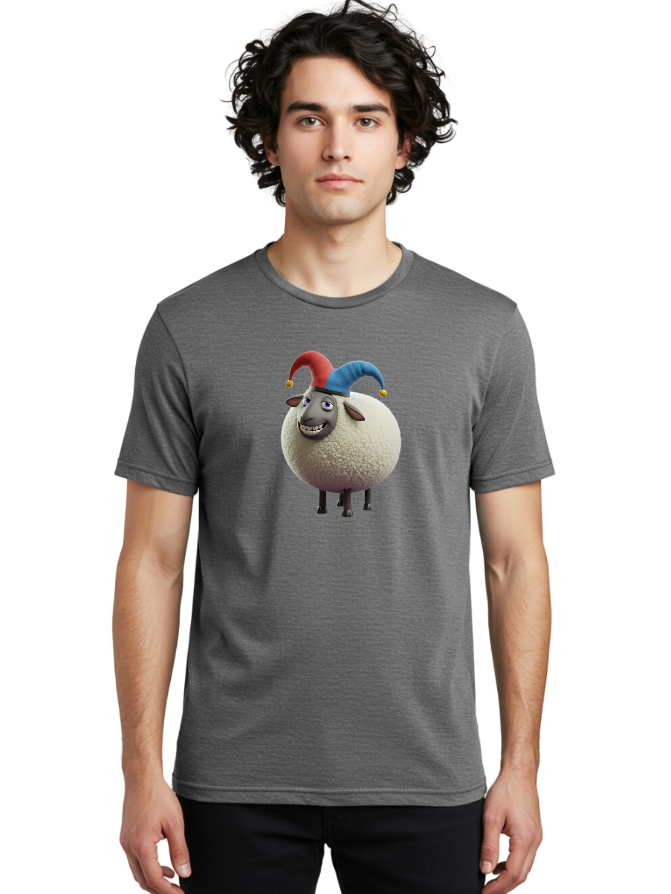 Shaun-The-Sheep-Jester-Hat Men'S Graphic Tee, 100% Cotton, Comfortable Casual Summer Wear, Machine Washable, Cartoon Sheep, Funny Character, Jester Hat, Red And Blue Hat, Animated Animal, Sheep Character, Humorous Illustration, Playful Design Bad539 20