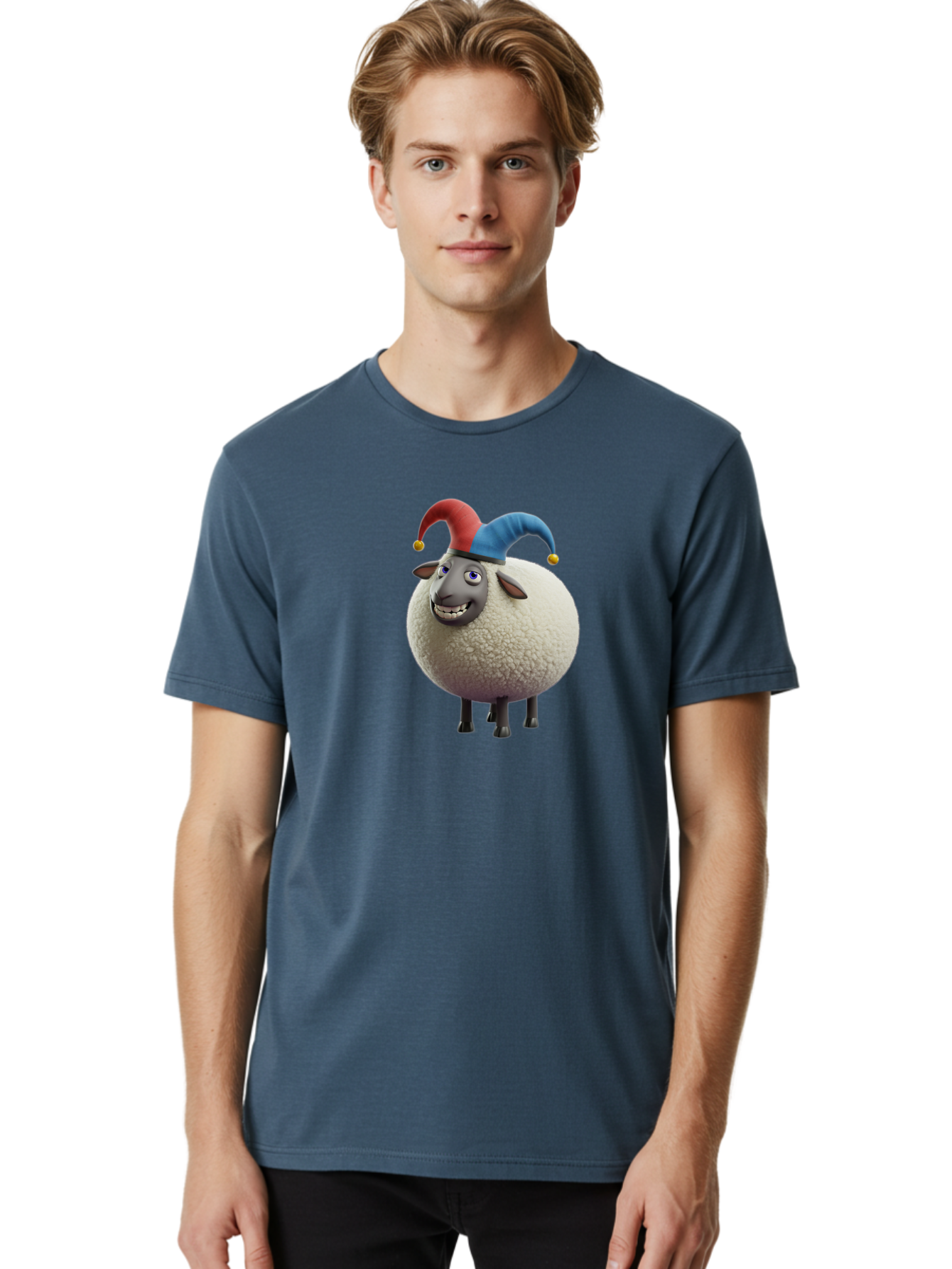 Shaun-The-Sheep-Jester-Hat Men'S Graphic Tee, 100% Cotton, Comfortable Casual Summer Wear, Machine Washable, Cartoon Sheep, Funny Character, Jester Hat, Red And Blue Hat, Animated Animal, Sheep Character, Humorous Illustration, Playful Design Bad539 29