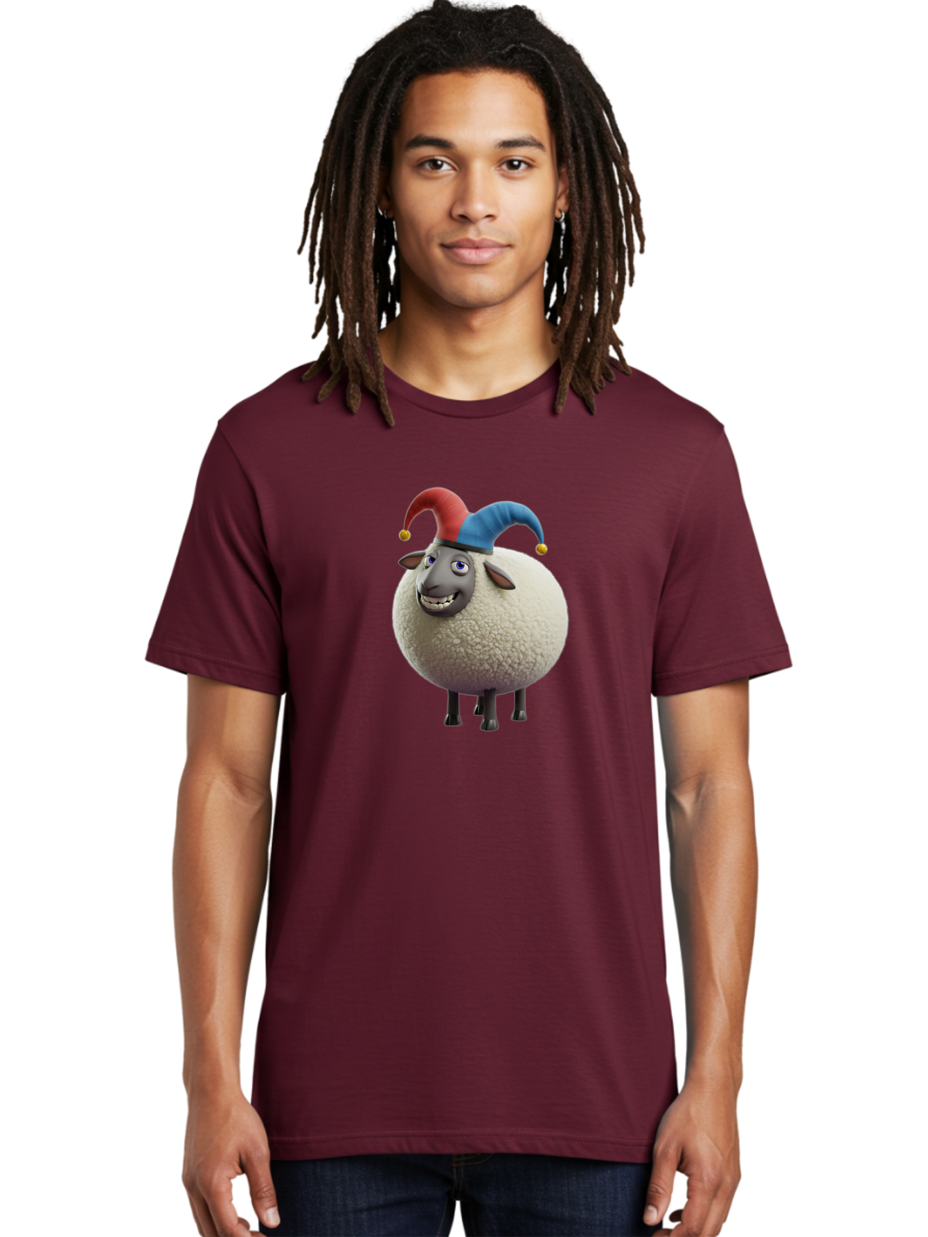 Shaun-The-Sheep-Jester-Hat Men'S Graphic Tee, 100% Cotton, Comfortable Casual Summer Wear, Machine Washable, Cartoon Sheep, Funny Character, Jester Hat, Red And Blue Hat, Animated Animal, Sheep Character, Humorous Illustration, Playful Design Bad539 17