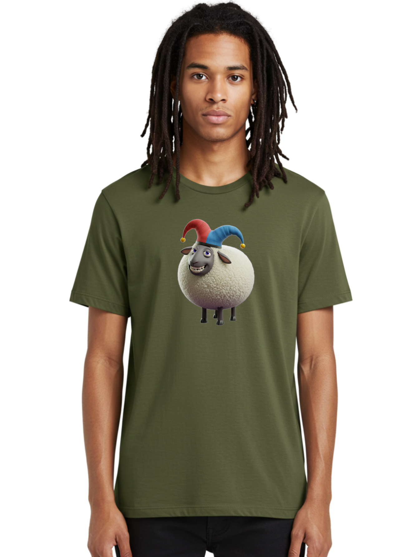 Shaun-The-Sheep-Jester-Hat Men'S Graphic Tee, 100% Cotton, Comfortable Casual Summer Wear, Machine Washable, Cartoon Sheep, Funny Character, Jester Hat, Red And Blue Hat, Animated Animal, Sheep Character, Humorous Illustration, Playful Design Bad539 23
