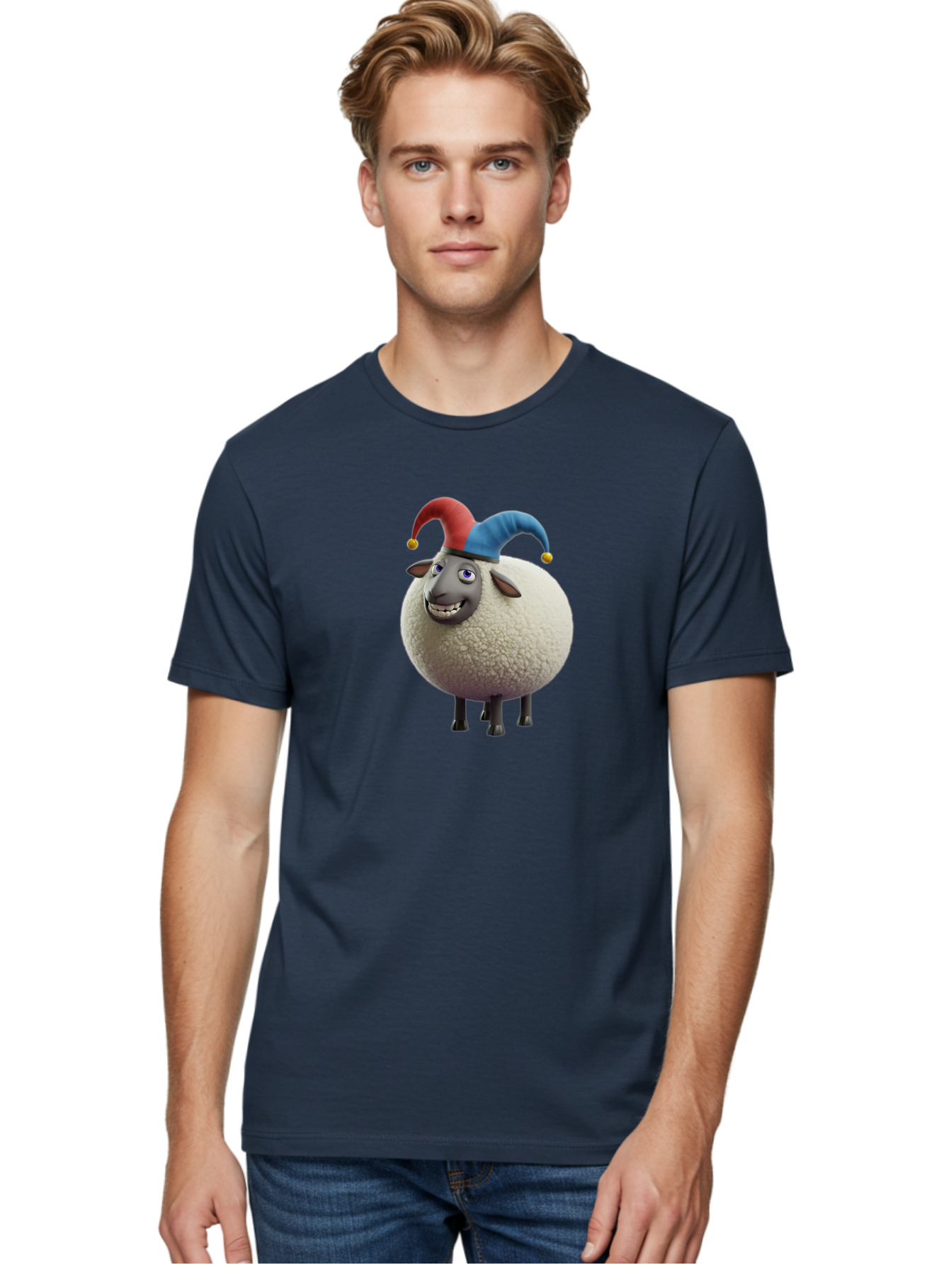 Shaun-The-Sheep-Jester-Hat Men'S Graphic Tee, 100% Cotton, Comfortable Casual Summer Wear, Machine Washable, Cartoon Sheep, Funny Character, Jester Hat, Red And Blue Hat, Animated Animal, Sheep Character, Humorous Illustration, Playful Design Bad539 21