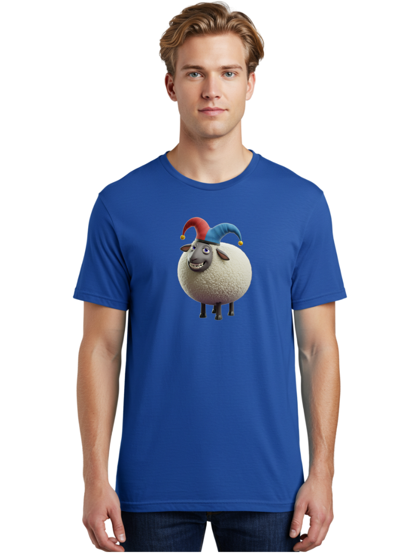 Shaun-The-Sheep-Jester-Hat Men'S Graphic Tee, 100% Cotton, Comfortable Casual Summer Wear, Machine Washable, Cartoon Sheep, Funny Character, Jester Hat, Red And Blue Hat, Animated Animal, Sheep Character, Humorous Illustration, Playful Design Bad539 19