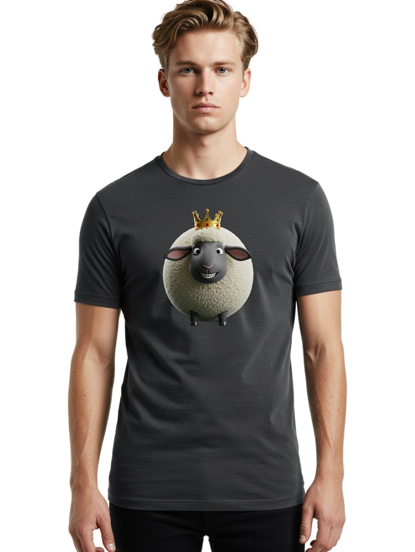 Shaun-The-Sheep-King Men'S Graphic Tee, 100% Cotton, Comfortable Casual Summer Wear, Machine Washable, Cartoon Sheep, Fluffy Sheep, Sheep Wearing Crown, Shaun The Sheep, Comedy Character, Funny Animal, Cute Sheep, Stop Motion Character, Bad540 21