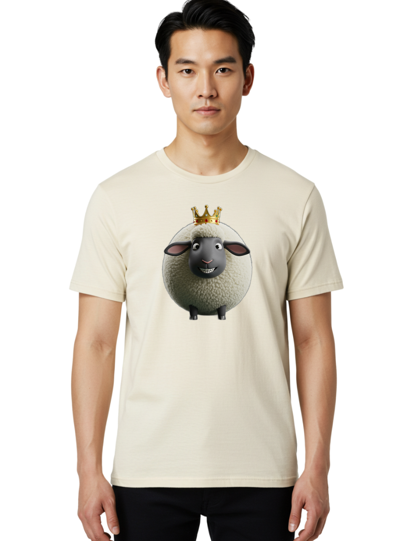 Shaun-The-Sheep-King Men'S Graphic Tee, 100% Cotton, Comfortable Casual Summer Wear, Machine Washable, Cartoon Sheep, Fluffy Sheep, Sheep Wearing Crown, Shaun The Sheep, Comedy Character, Funny Animal, Cute Sheep, Stop Motion Character, Bad540 21