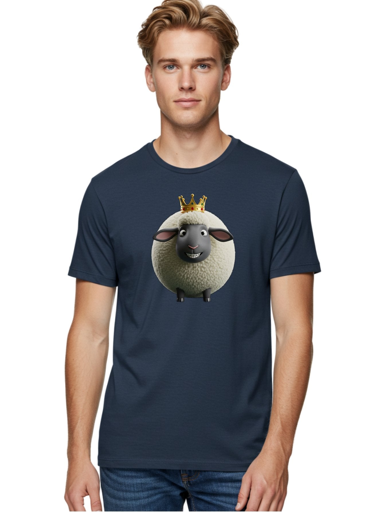 Shaun-The-Sheep-King Men'S Graphic Tee, 100% Cotton, Comfortable Casual Summer Wear, Machine Washable, Cartoon Sheep, Fluffy Sheep, Sheep Wearing Crown, Shaun The Sheep, Comedy Character, Funny Animal, Cute Sheep, Stop Motion Character, Bad540 28