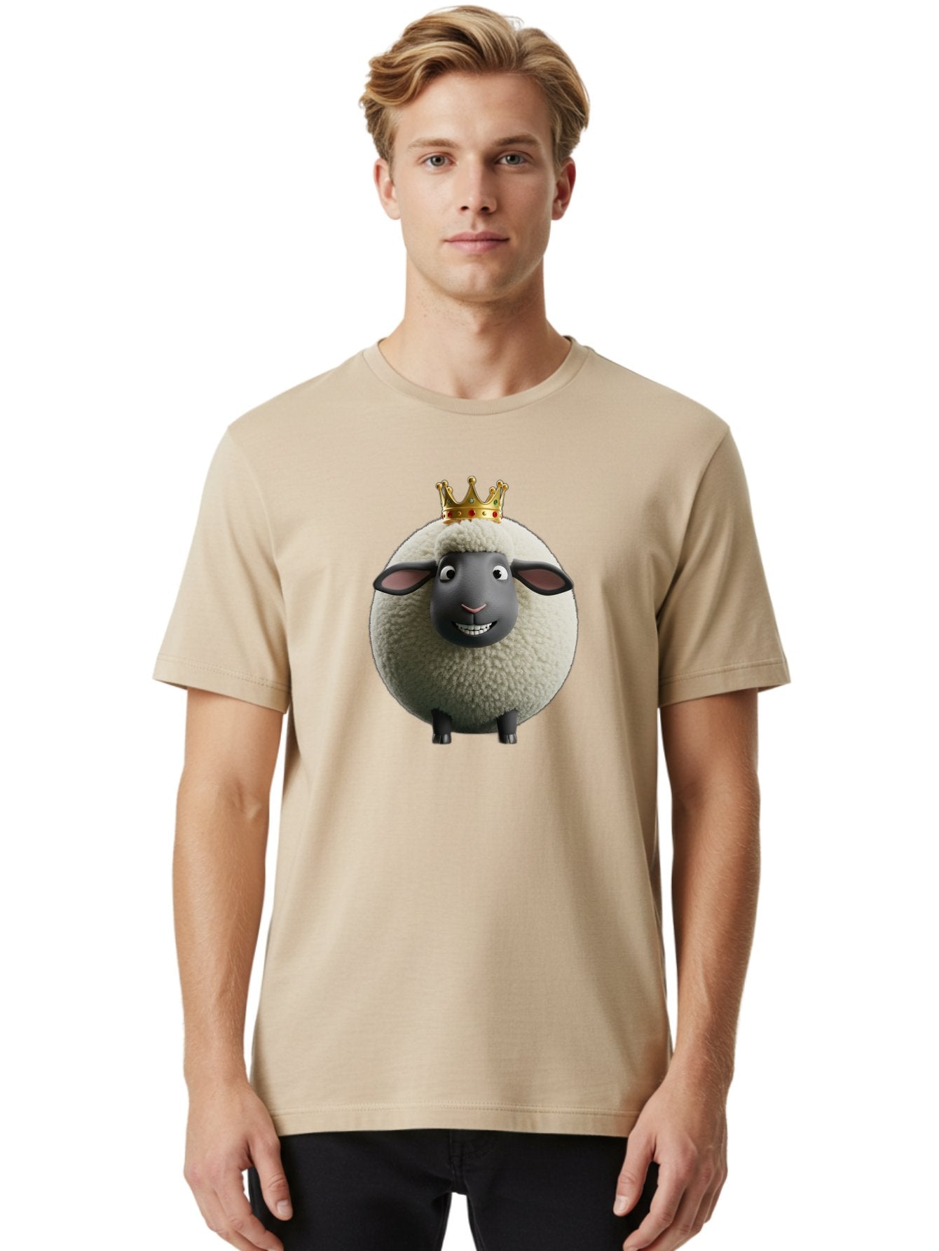 Shaun-The-Sheep-King Men'S Graphic Tee, 100% Cotton, Comfortable Casual Summer Wear, Machine Washable, Cartoon Sheep, Fluffy Sheep, Sheep Wearing Crown, Shaun The Sheep, Comedy Character, Funny Animal, Cute Sheep, Stop Motion Character, Bad540 29