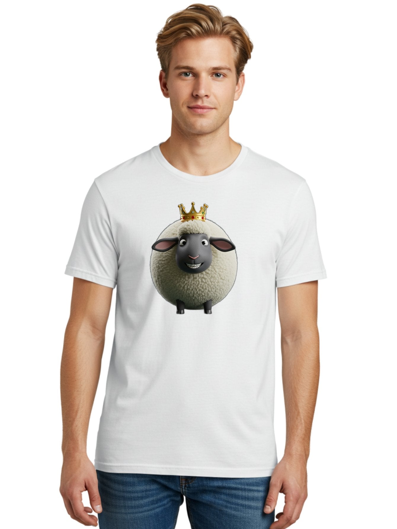 Shaun-The-Sheep-King Men'S Graphic Tee, 100% Cotton, Comfortable Casual Summer Wear, Machine Washable, Cartoon Sheep, Fluffy Sheep, Sheep Wearing Crown, Shaun The Sheep, Comedy Character, Funny Animal, Cute Sheep, Stop Motion Character, Bad540 16