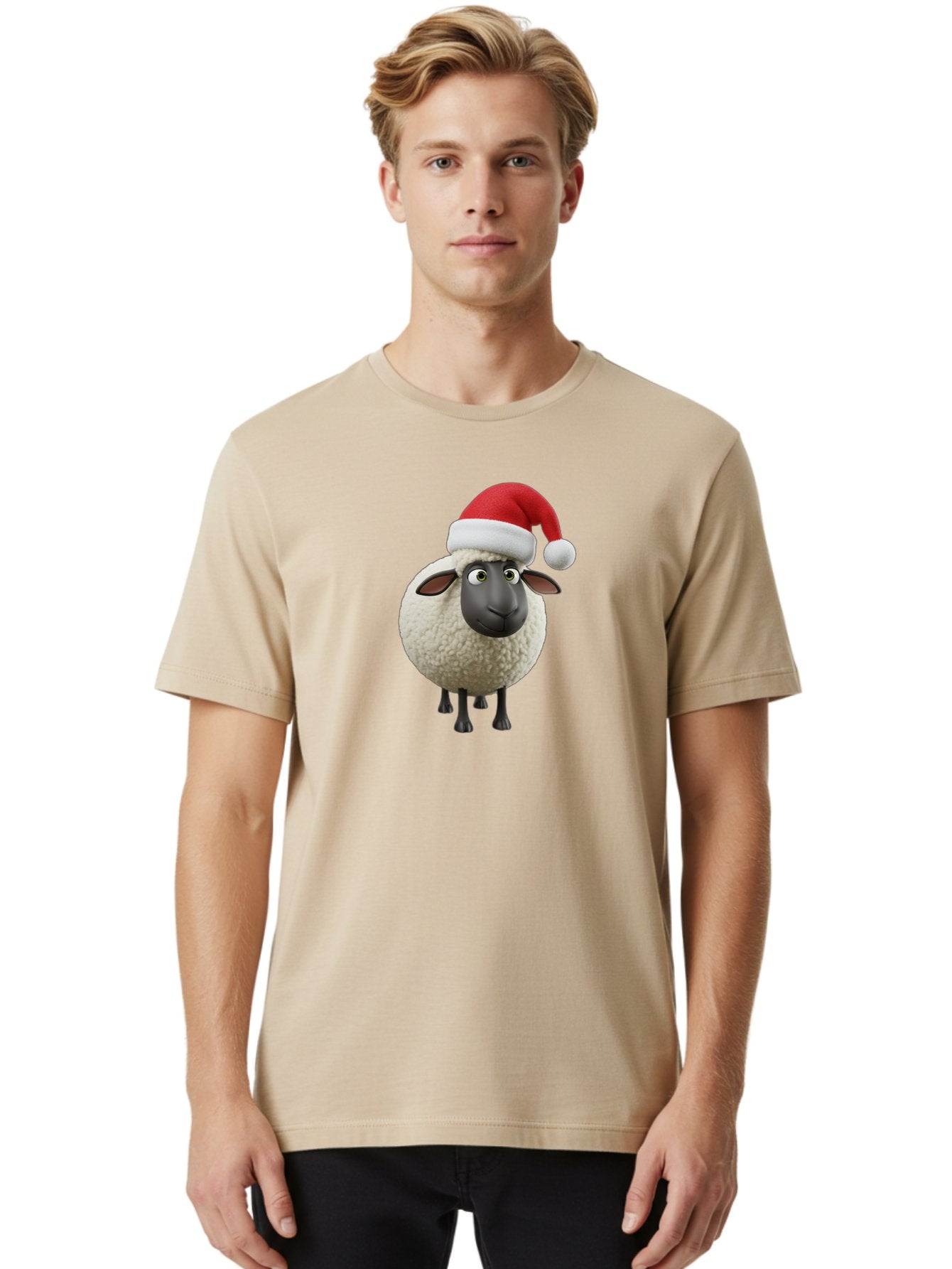 Shaun-The-Sheep-Santa-Hat Men'S Graphic Tee, 100% Cotton, Comfortable Casual Summer Wear, Machine Washable, Shaun The Sheep, Christmas Sheep, Santa Hat Sheep, Festive Cartoon Character, Holiday Fun, Animated Sheep, Merry Christmas, Bad541 30