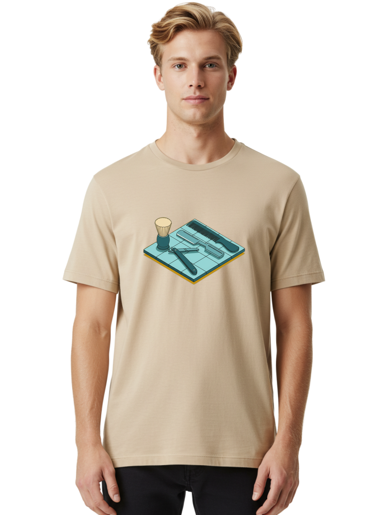 Shaving-Kit Men'S Graphic Tee, 100% Cotton, Comfortable Casual Summer Wear, Machine Washable, Shaving Kit, Straight Razor, Comb, Shaving Brush, Grooming Tools, Men'S Grooming, Barber Supplies, Personal Care Bad546 25