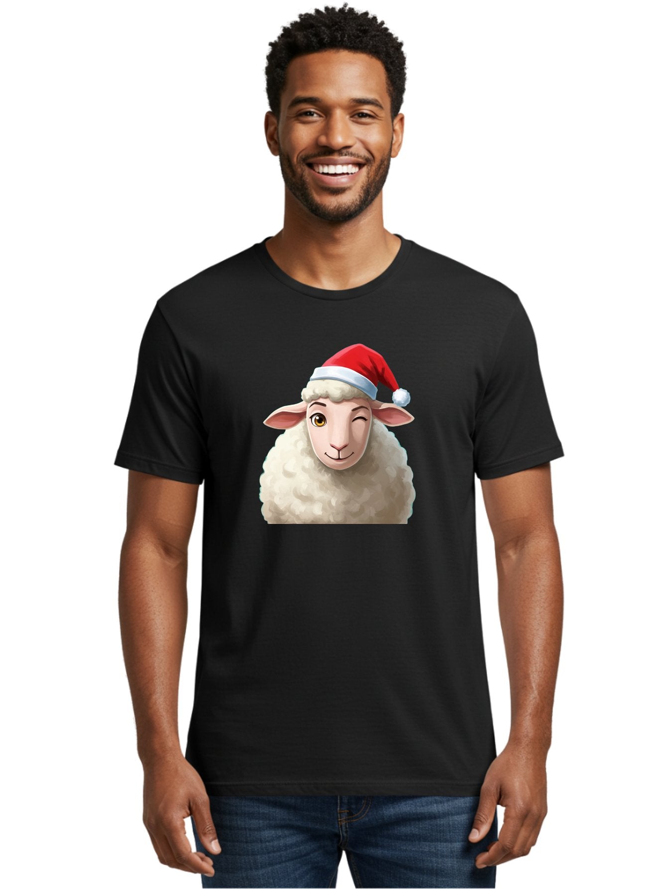 Sheep-In-Santa-Hat-1 Men'S Graphic Tee, 100% Cotton, Comfortable Casual Summer Wear, Machine Washable, Cartoon Sheep, Santa Hat, Christmas Character, Festive Animal, Holiday Cheer, Fluffy Sheep, Merry Christmas, Winter Wonderland, Funny Sheep Bad549 25