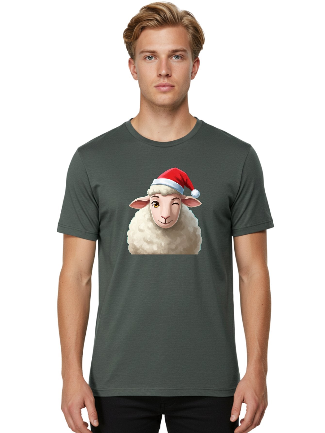 Sheep-In-Santa-Hat-1 Men'S Graphic Tee, 100% Cotton, Comfortable Casual Summer Wear, Machine Washable, Cartoon Sheep, Santa Hat, Christmas Character, Festive Animal, Holiday Cheer, Fluffy Sheep, Merry Christmas, Winter Wonderland, Funny Sheep Bad549 28