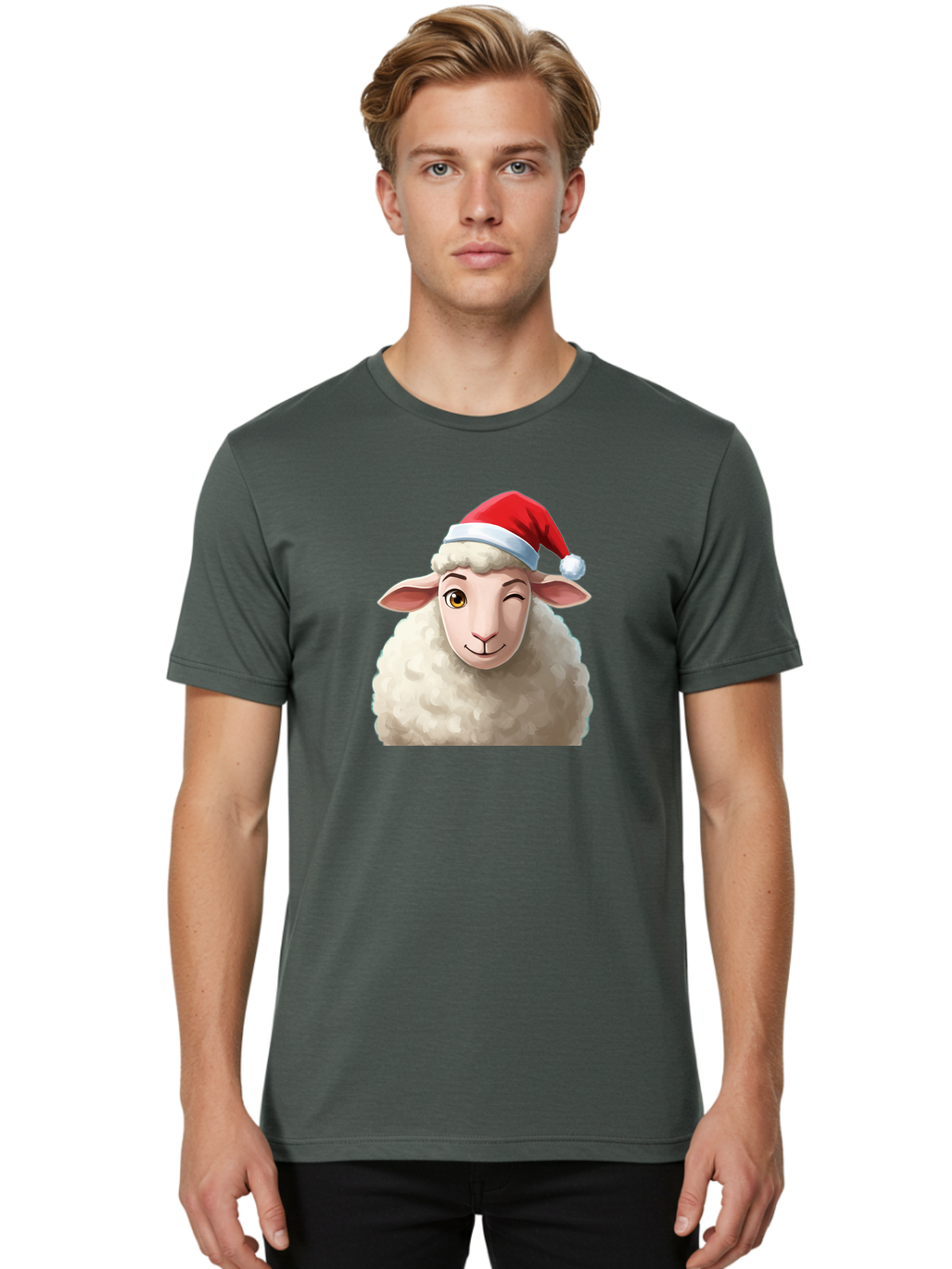 Sheep-In-Santa-Hat-1 Men'S Graphic Tee, 100% Cotton, Comfortable Casual Summer Wear, Machine Washable, Cartoon Sheep, Santa Hat, Christmas Character, Festive Animal, Holiday Cheer, Fluffy Sheep, Merry Christmas, Winter Wonderland, Funny Sheep Bad549 18