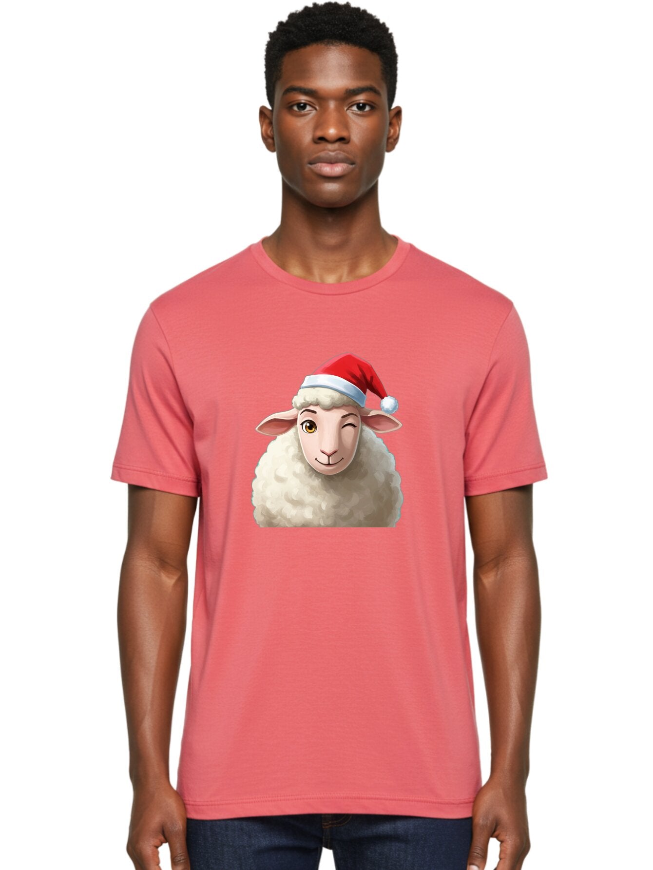 Sheep-In-Santa-Hat-1 Men'S Graphic Tee, 100% Cotton, Comfortable Casual Summer Wear, Machine Washable, Cartoon Sheep, Santa Hat, Christmas Character, Festive Animal, Holiday Cheer, Fluffy Sheep, Merry Christmas, Winter Wonderland, Funny Sheep Bad549 18