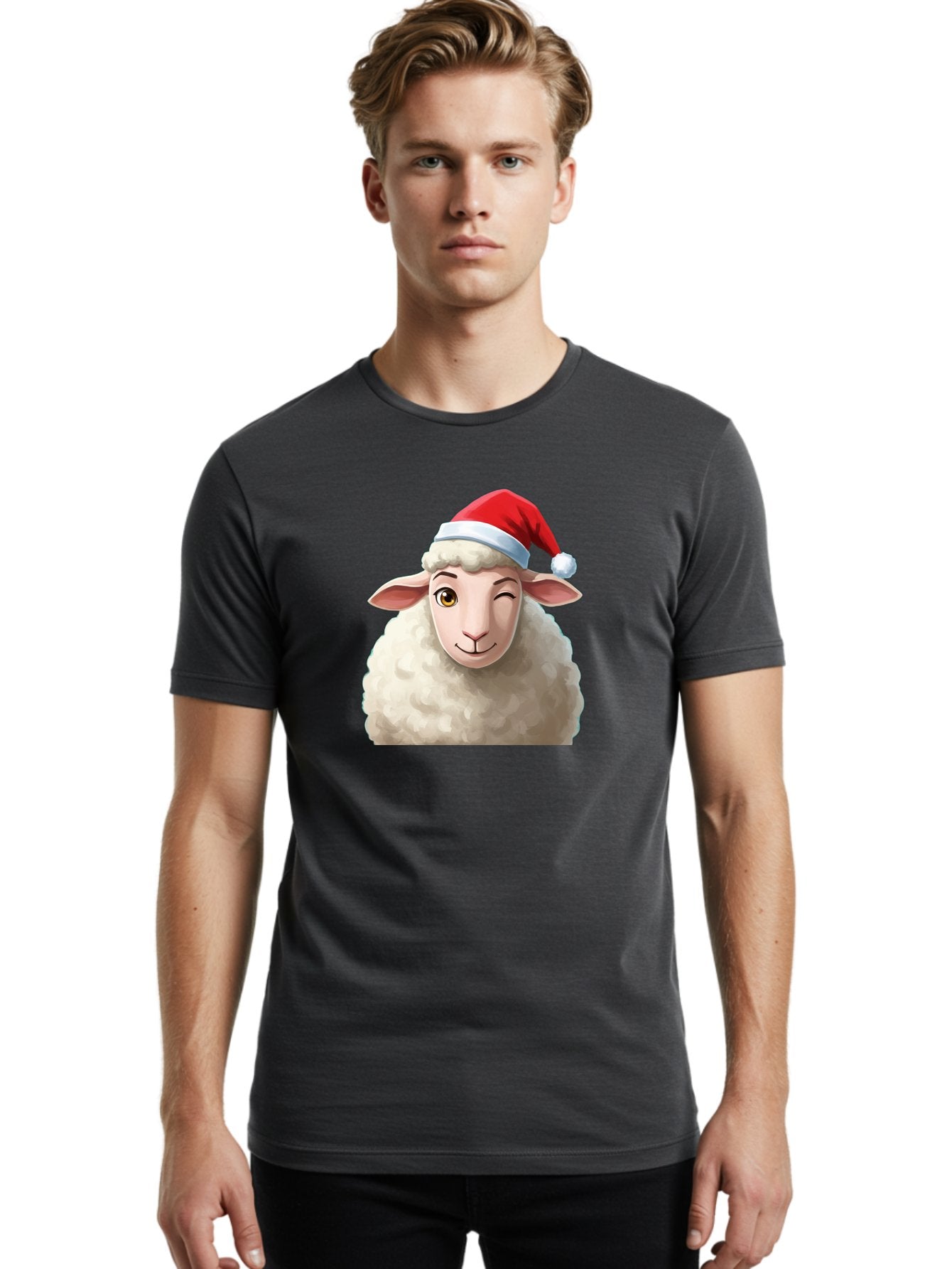 Sheep-In-Santa-Hat-1 Men'S Graphic Tee, 100% Cotton, Comfortable Casual Summer Wear, Machine Washable, Cartoon Sheep, Santa Hat, Christmas Character, Festive Animal, Holiday Cheer, Fluffy Sheep, Merry Christmas, Winter Wonderland, Funny Sheep Bad549 17