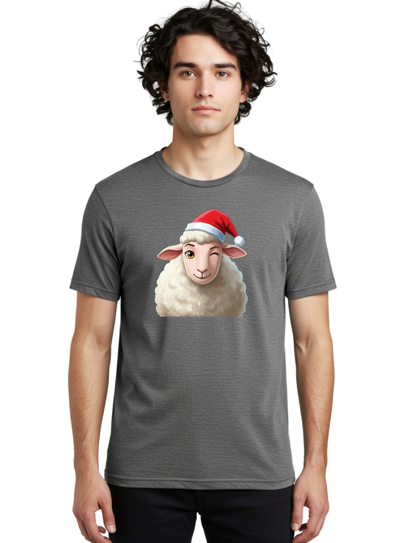 Sheep-In-Santa-Hat-1 Men'S Graphic Tee, 100% Cotton, Comfortable Casual Summer Wear, Machine Washable, Cartoon Sheep, Santa Hat, Christmas Character, Festive Animal, Holiday Cheer, Fluffy Sheep, Merry Christmas, Winter Wonderland, Funny Sheep Bad549 23