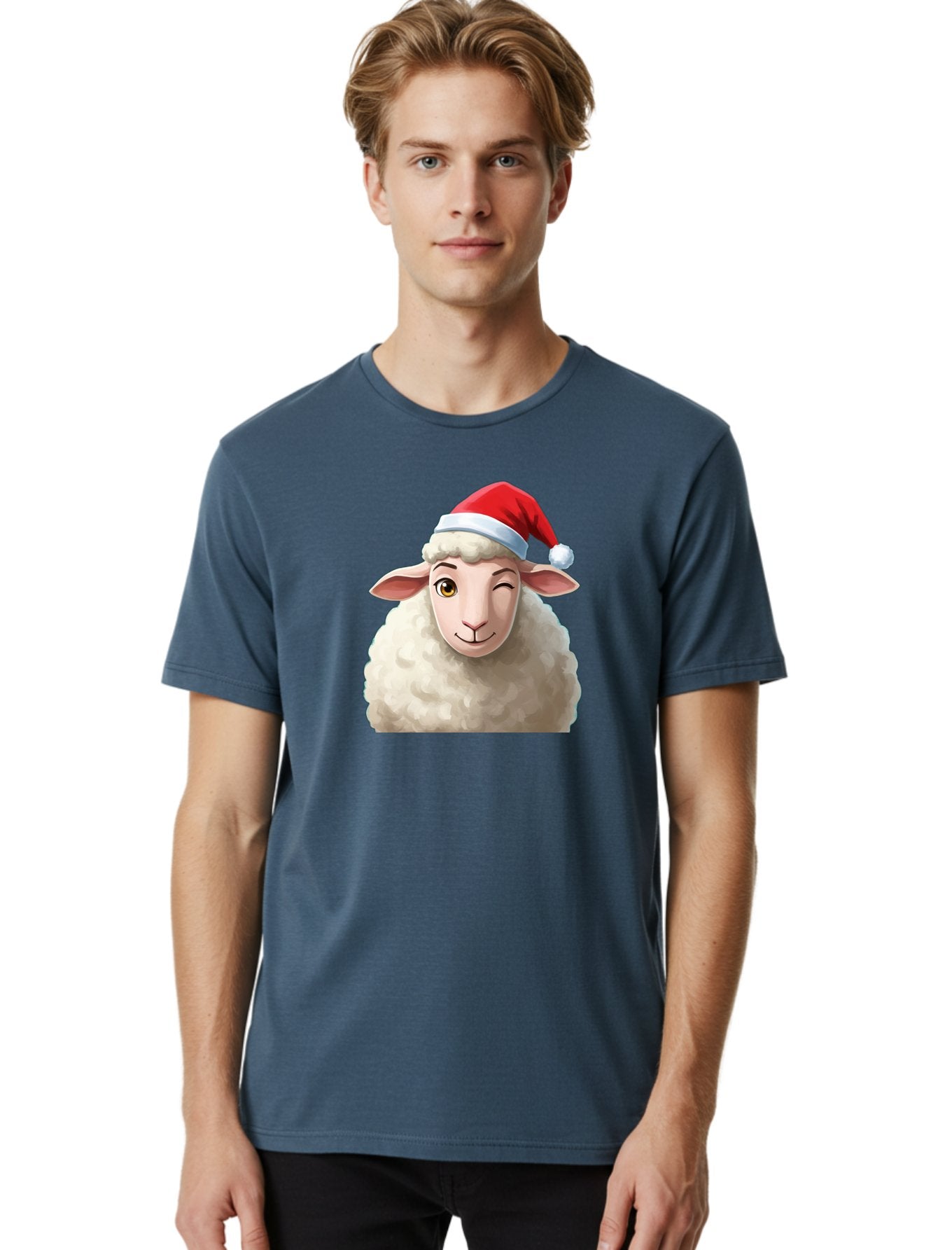 Sheep-In-Santa-Hat-1 Men'S Graphic Tee, 100% Cotton, Comfortable Casual Summer Wear, Machine Washable, Cartoon Sheep, Santa Hat, Christmas Character, Festive Animal, Holiday Cheer, Fluffy Sheep, Merry Christmas, Winter Wonderland, Funny Sheep Bad549 24