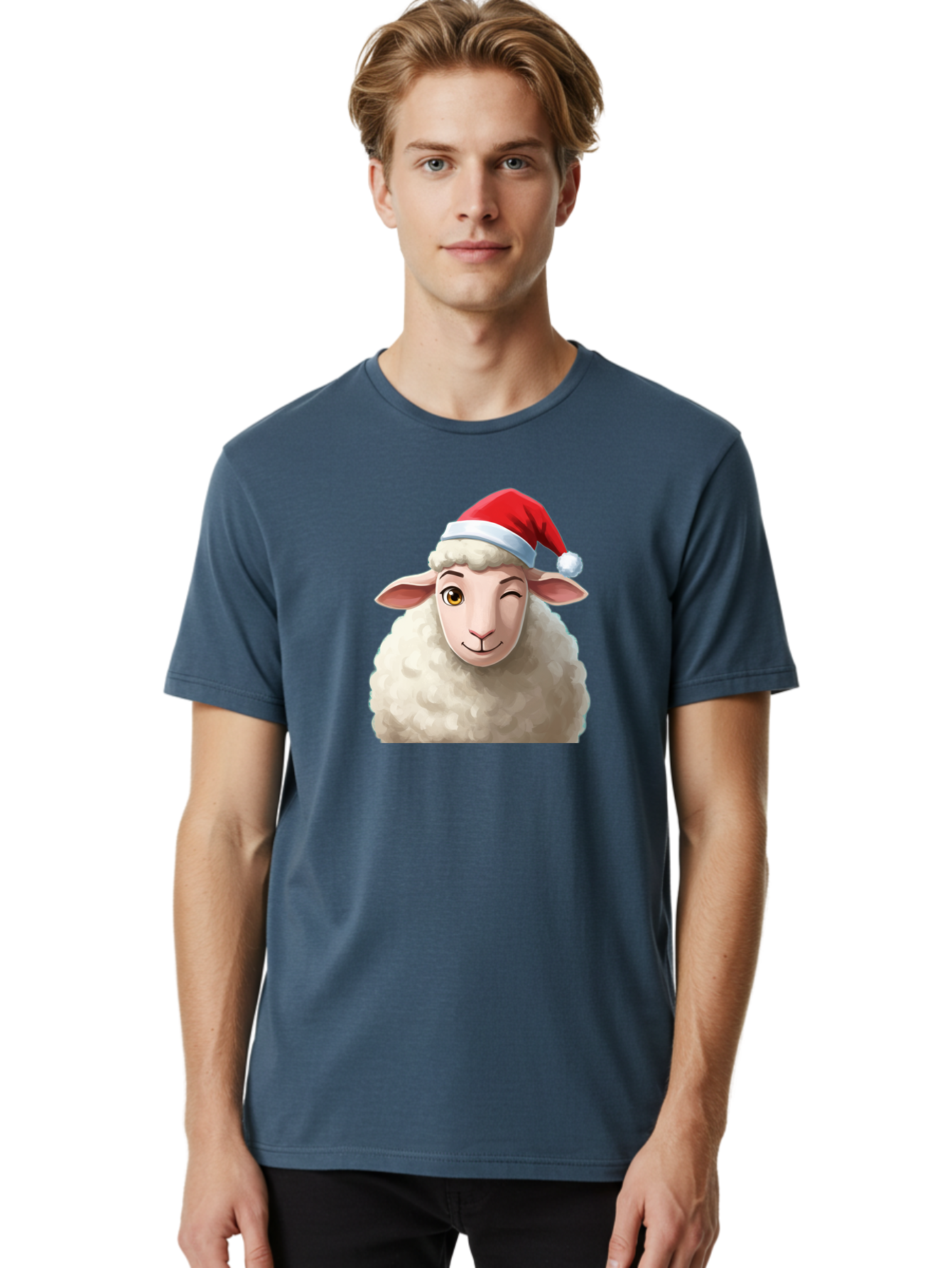 Sheep-In-Santa-Hat-1 Men'S Graphic Tee, 100% Cotton, Comfortable Casual Summer Wear, Machine Washable, Cartoon Sheep, Santa Hat, Christmas Character, Festive Animal, Holiday Cheer, Fluffy Sheep, Merry Christmas, Winter Wonderland, Funny Sheep Bad549 22