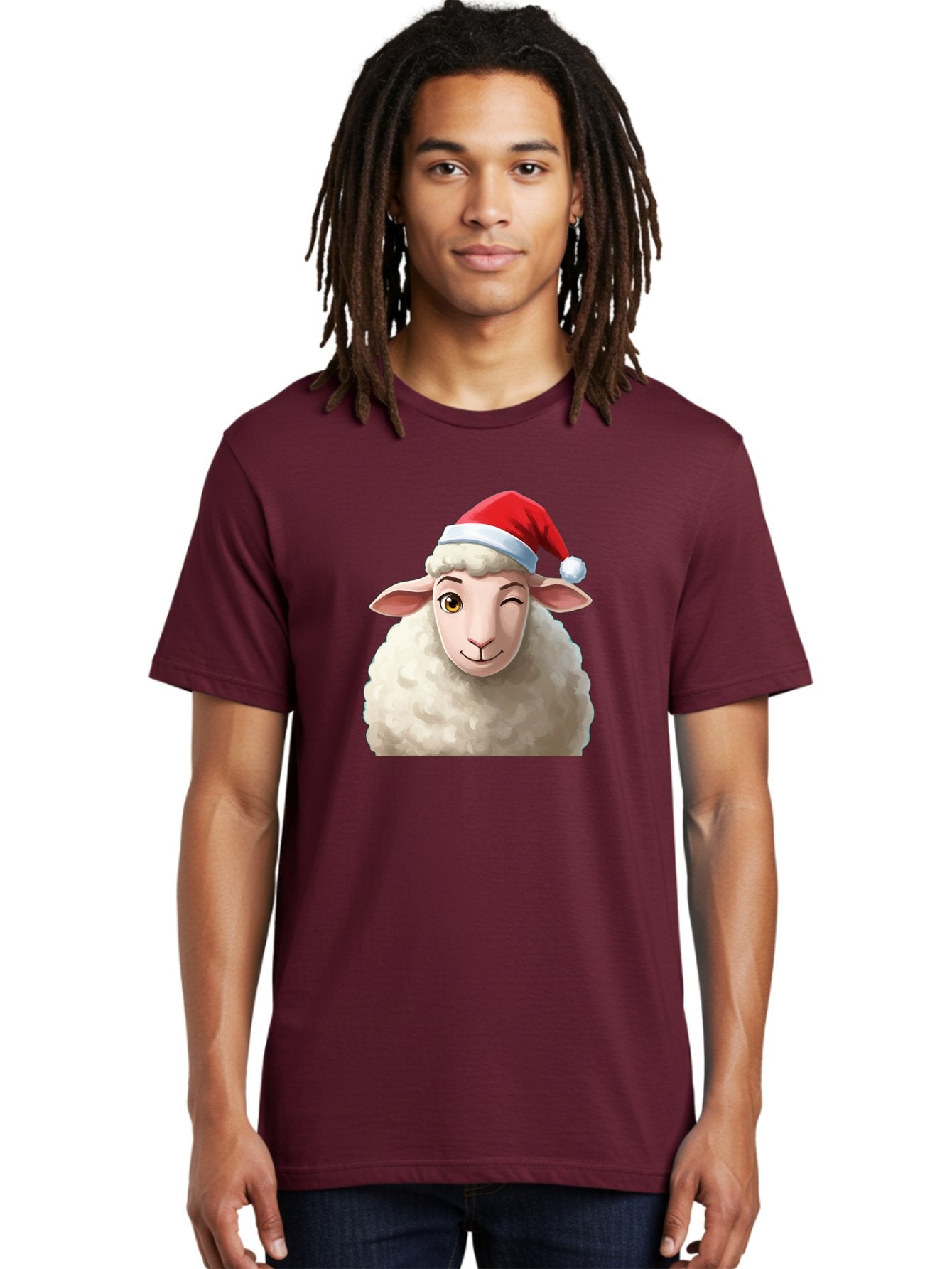 Sheep-In-Santa-Hat-1 Men'S Graphic Tee, 100% Cotton, Comfortable Casual Summer Wear, Machine Washable, Cartoon Sheep, Santa Hat, Christmas Character, Festive Animal, Holiday Cheer, Fluffy Sheep, Merry Christmas, Winter Wonderland, Funny Sheep Bad549 22